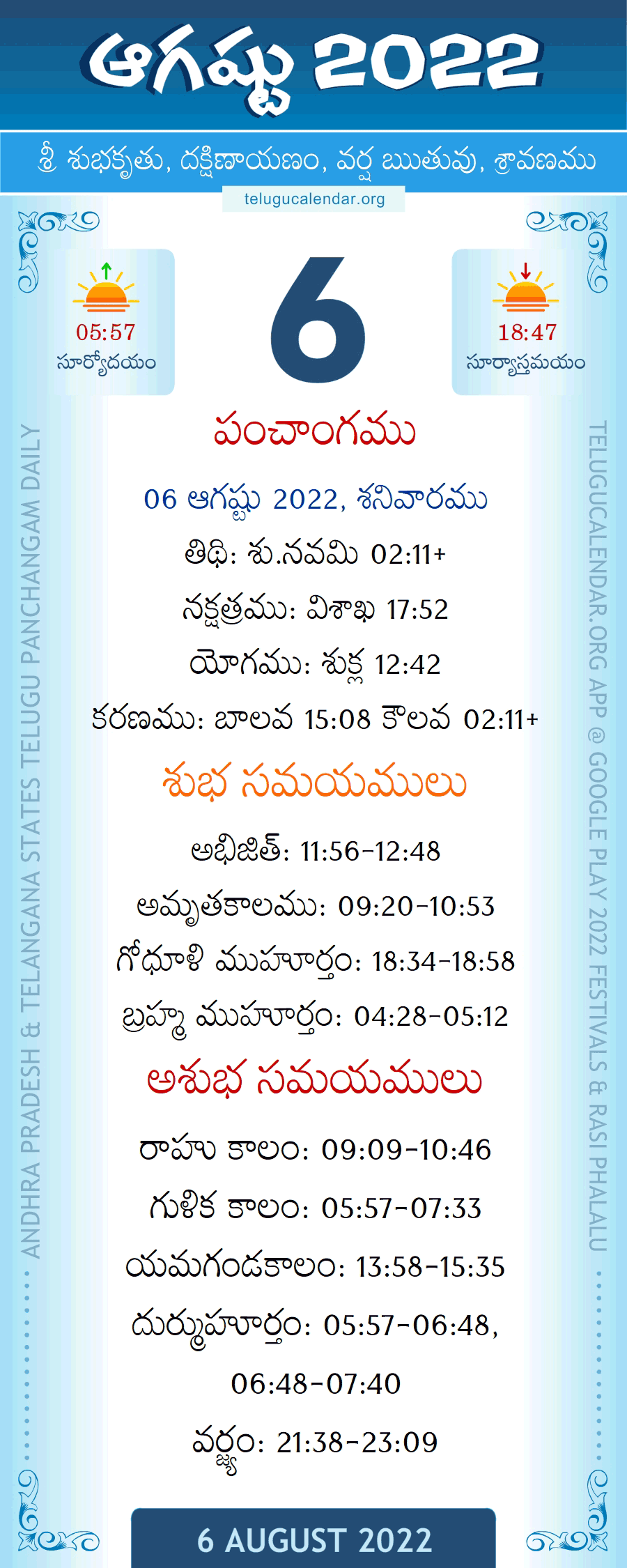 6 August 2022 Panchangam in Telugu