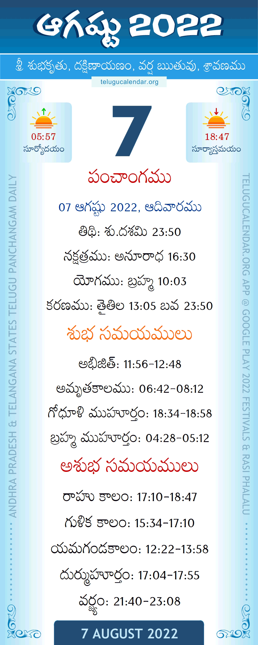7 August 2022 Panchangam in Telugu