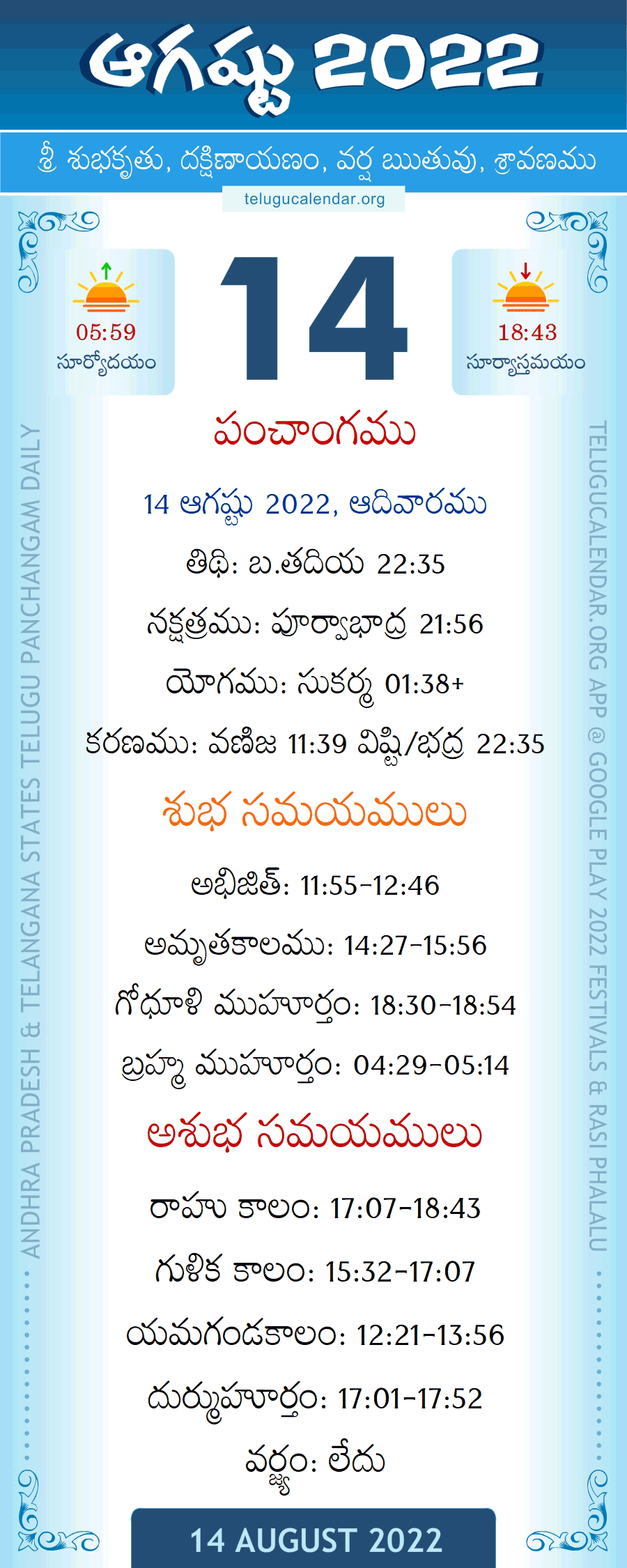 14 August 2022 Panchangam in Telugu