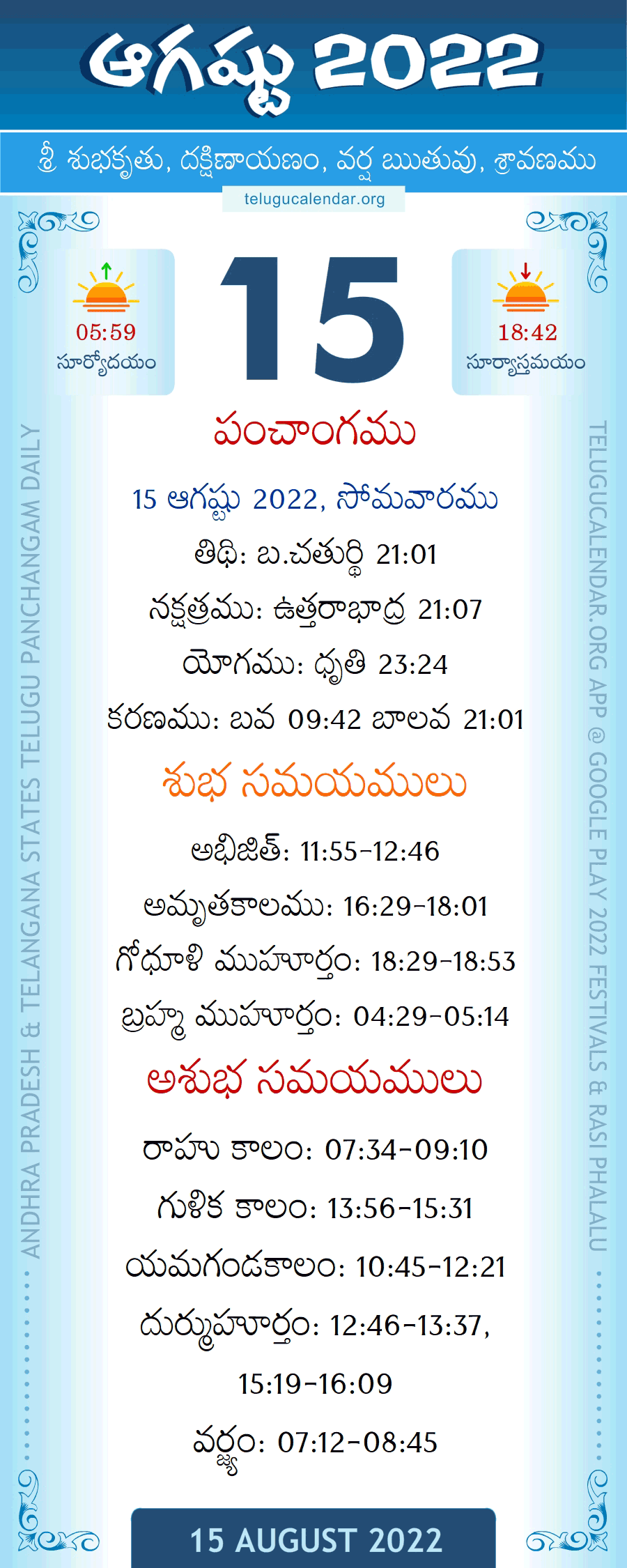 15 August 2022 Panchangam in Telugu