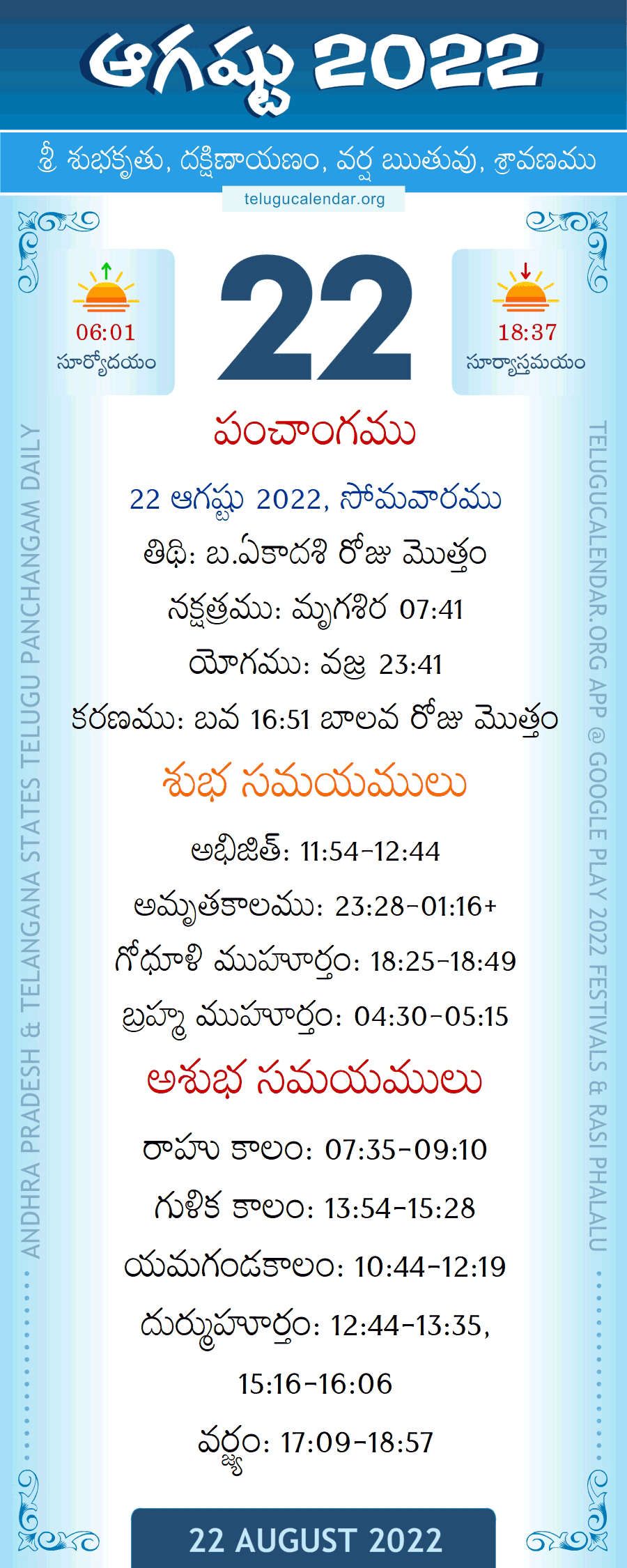 22 August 2022 Panchangam in Telugu