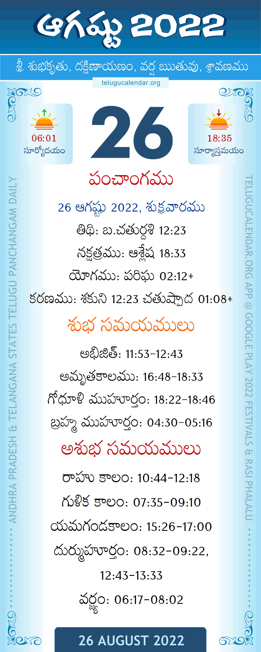 26 August 2022 Panchangam in Telugu