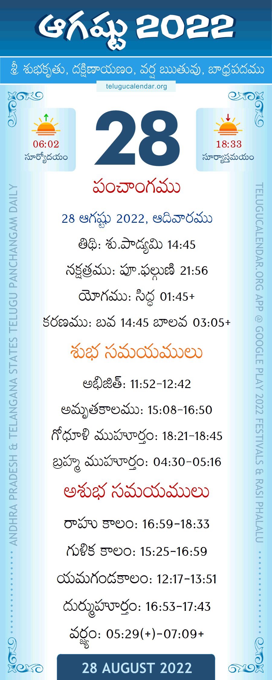 28 August 2022 Panchangam in Telugu