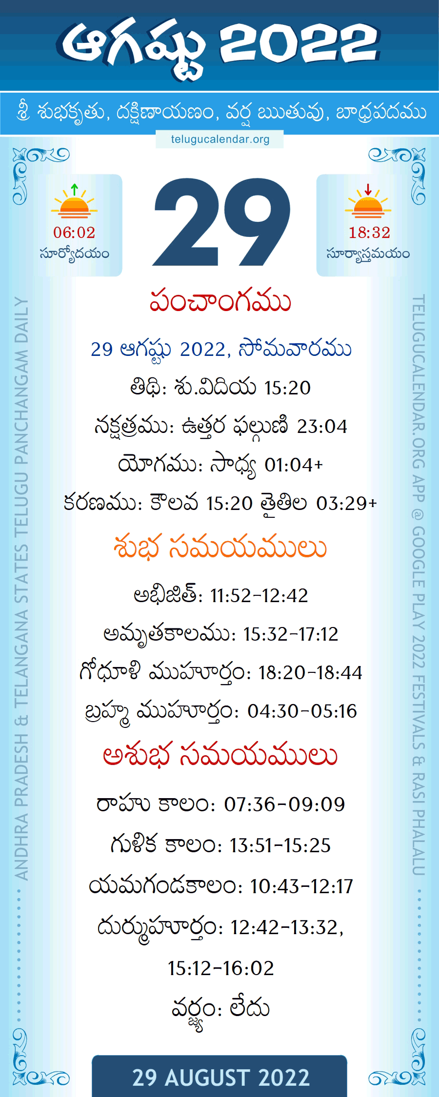 29 August 2022 Panchangam in Telugu