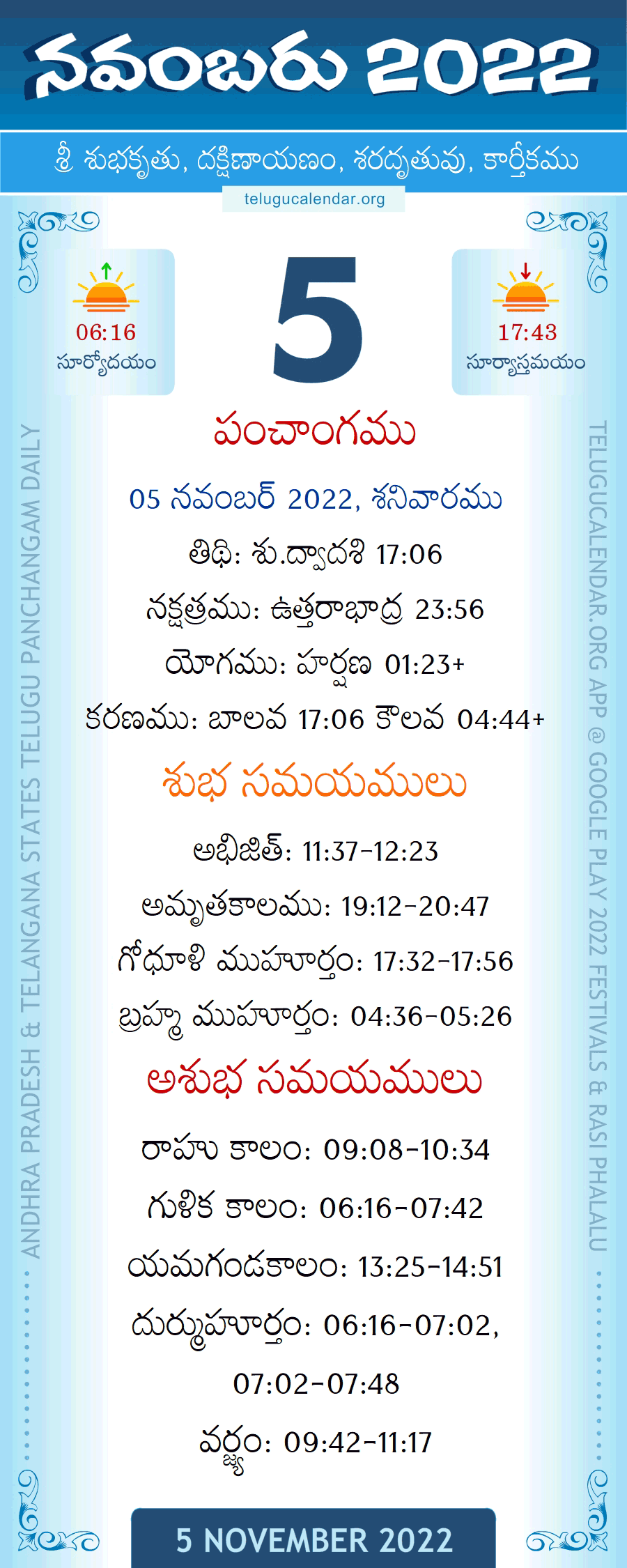5 November 2022 Panchangam in Telugu