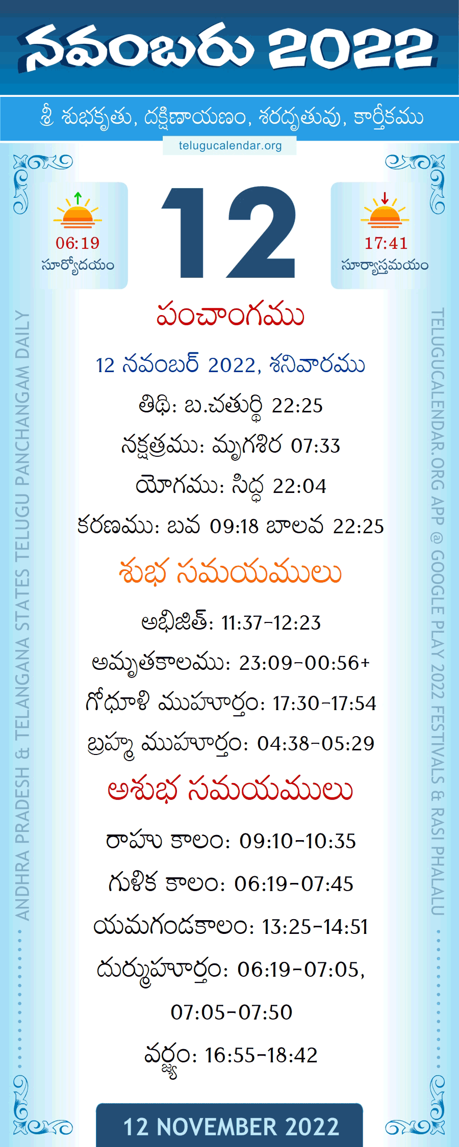 12 November 2022 Panchangam in Telugu