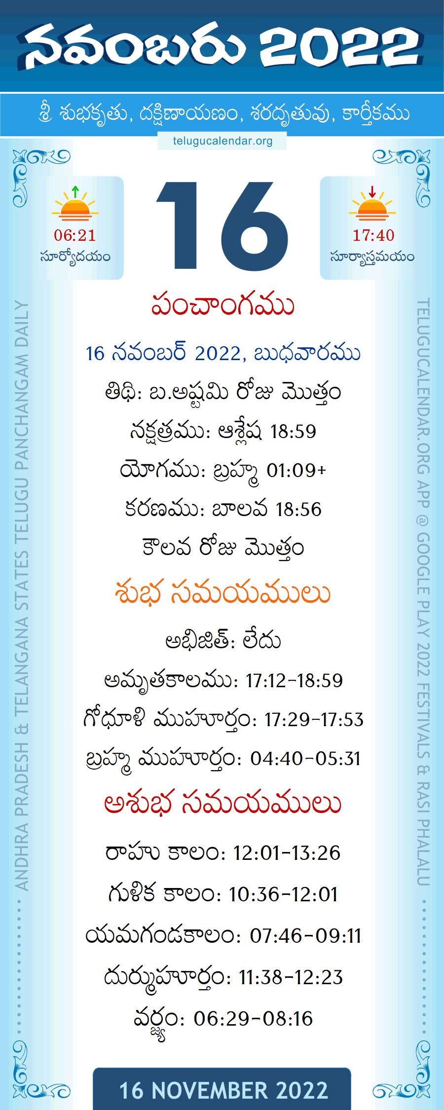 16 November 2022 Panchangam in Telugu