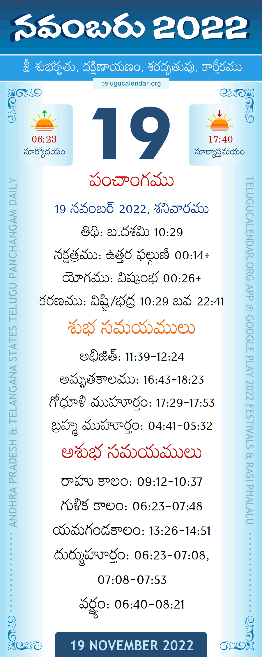 19 November 2022 Panchangam in Telugu
