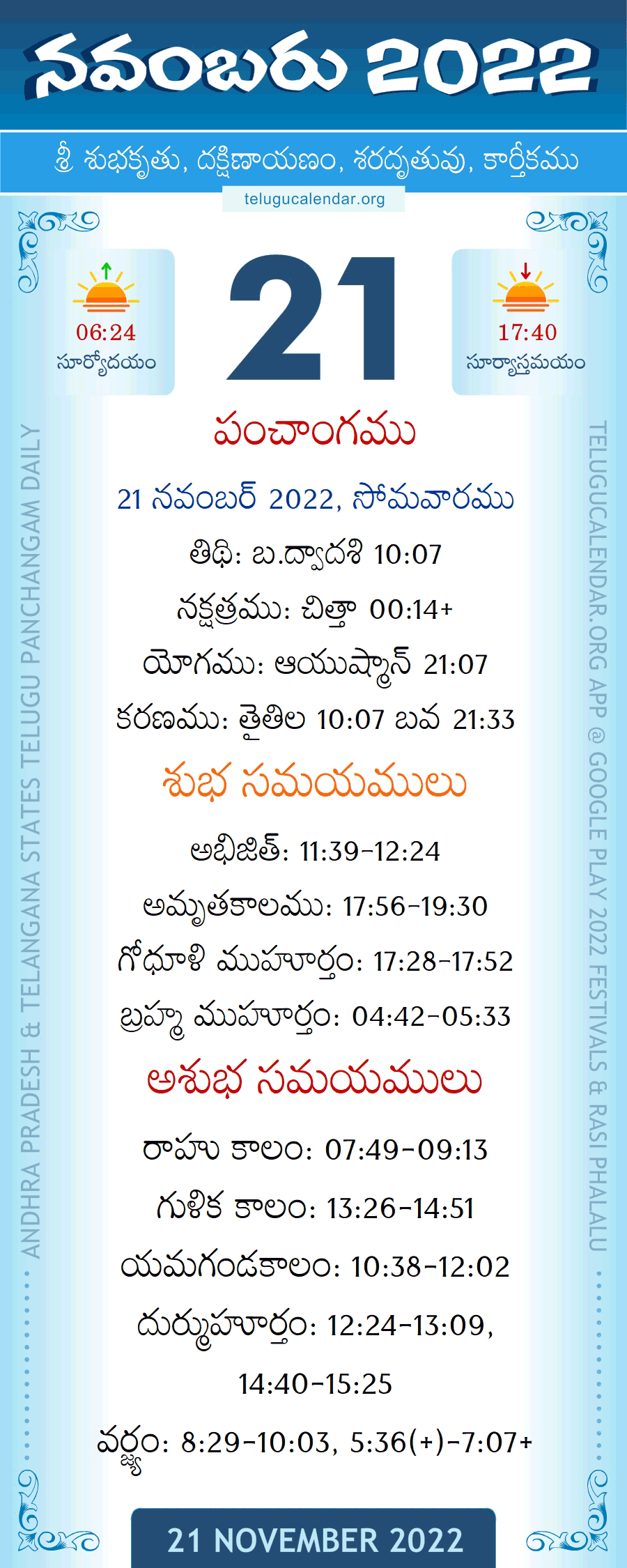 21 November 2022 Panchangam in Telugu