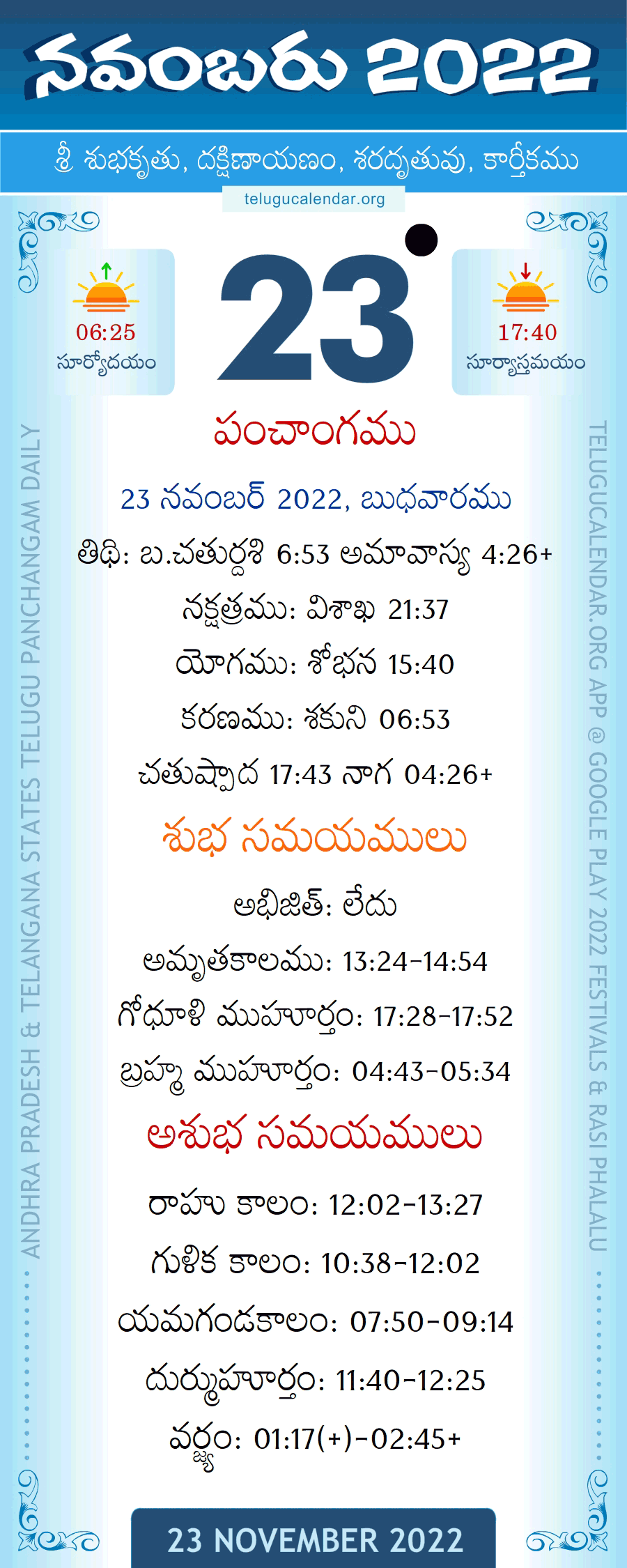 23 November 2022 Panchangam in Telugu