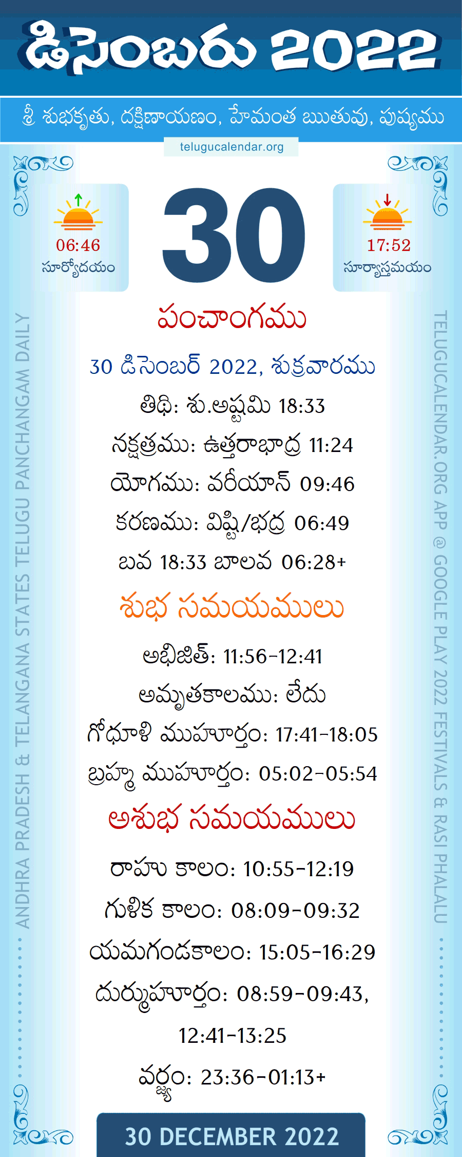 30 December 2022 Panchangam in Telugu