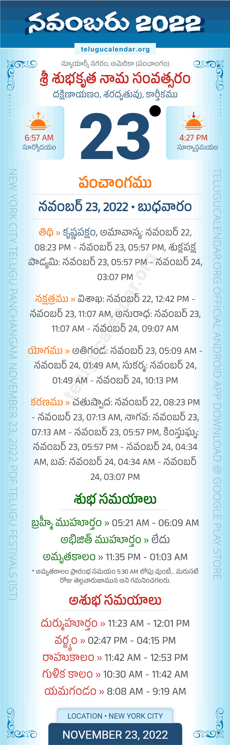 New York, USA November 23 2022 Panchangam in Telugu