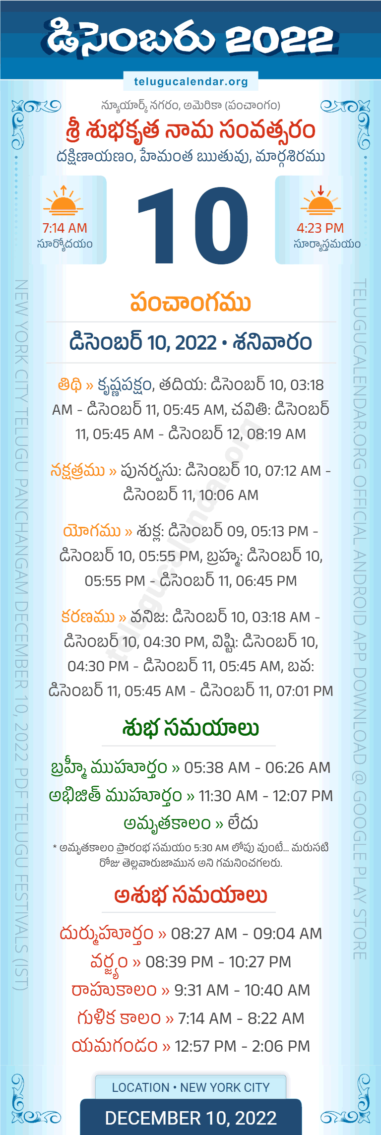 New York, USA December 10 2022 Panchangam in Telugu