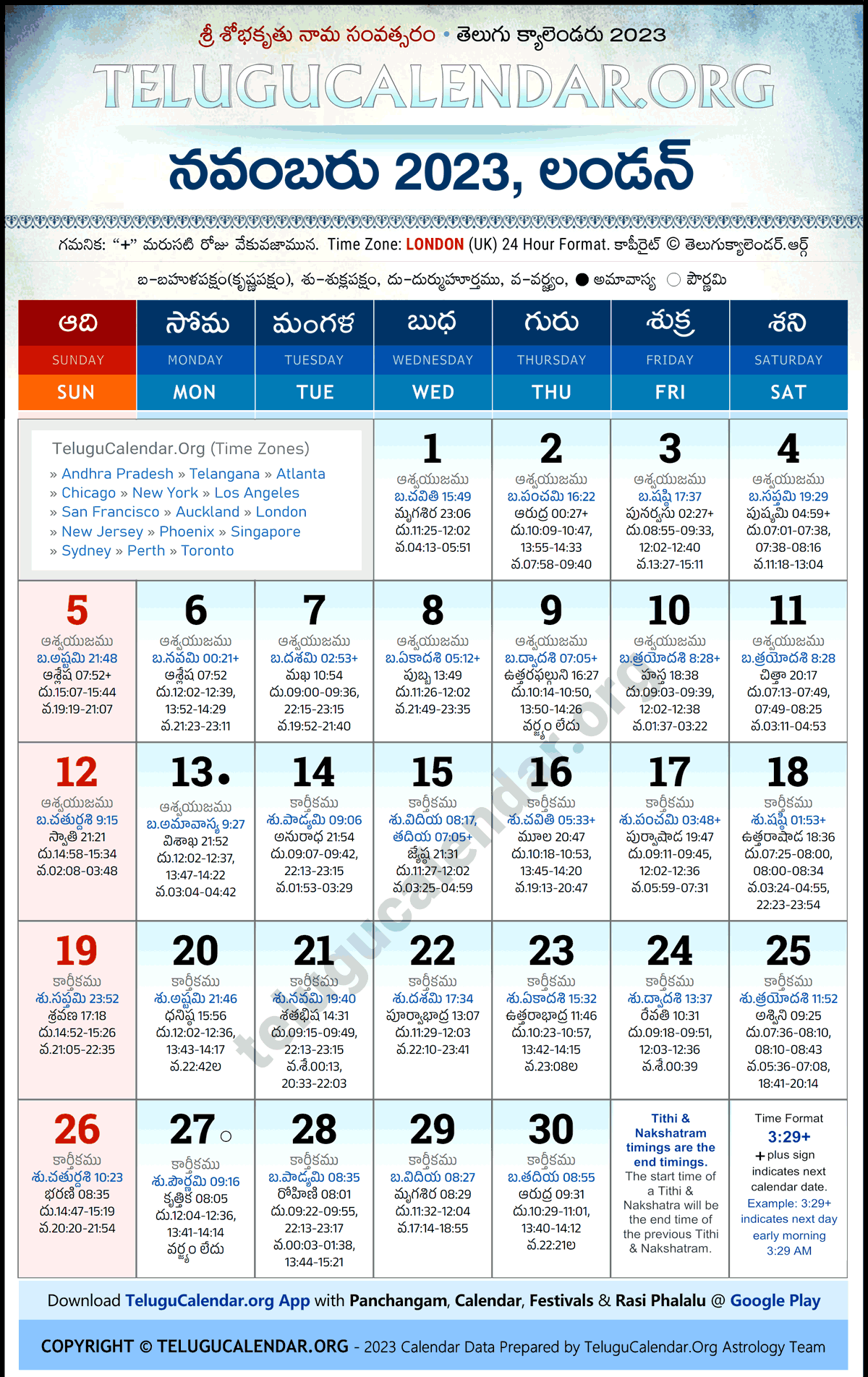 Telugu Calendar 2023 November London in Telugu