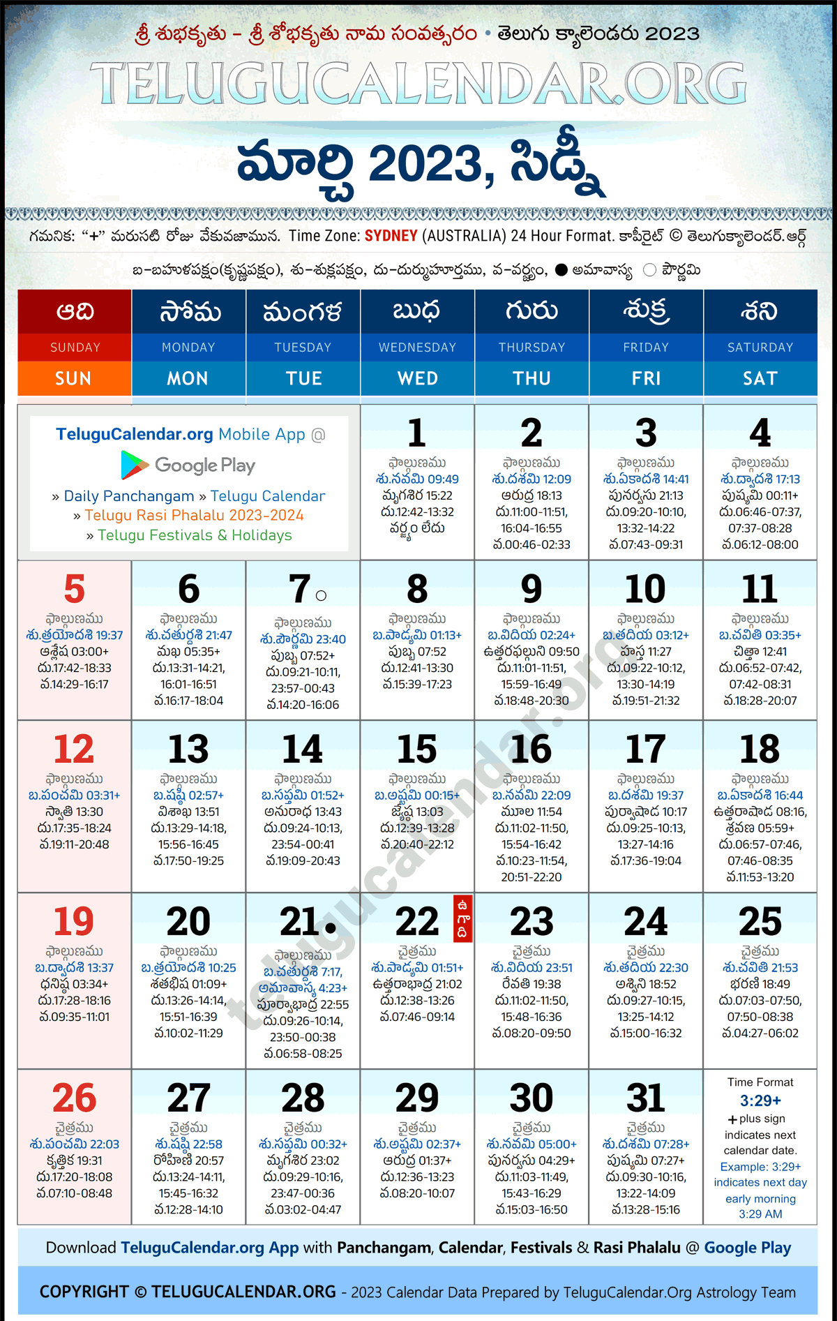 Telugu Calendar 2023 March Sydney in Telugu