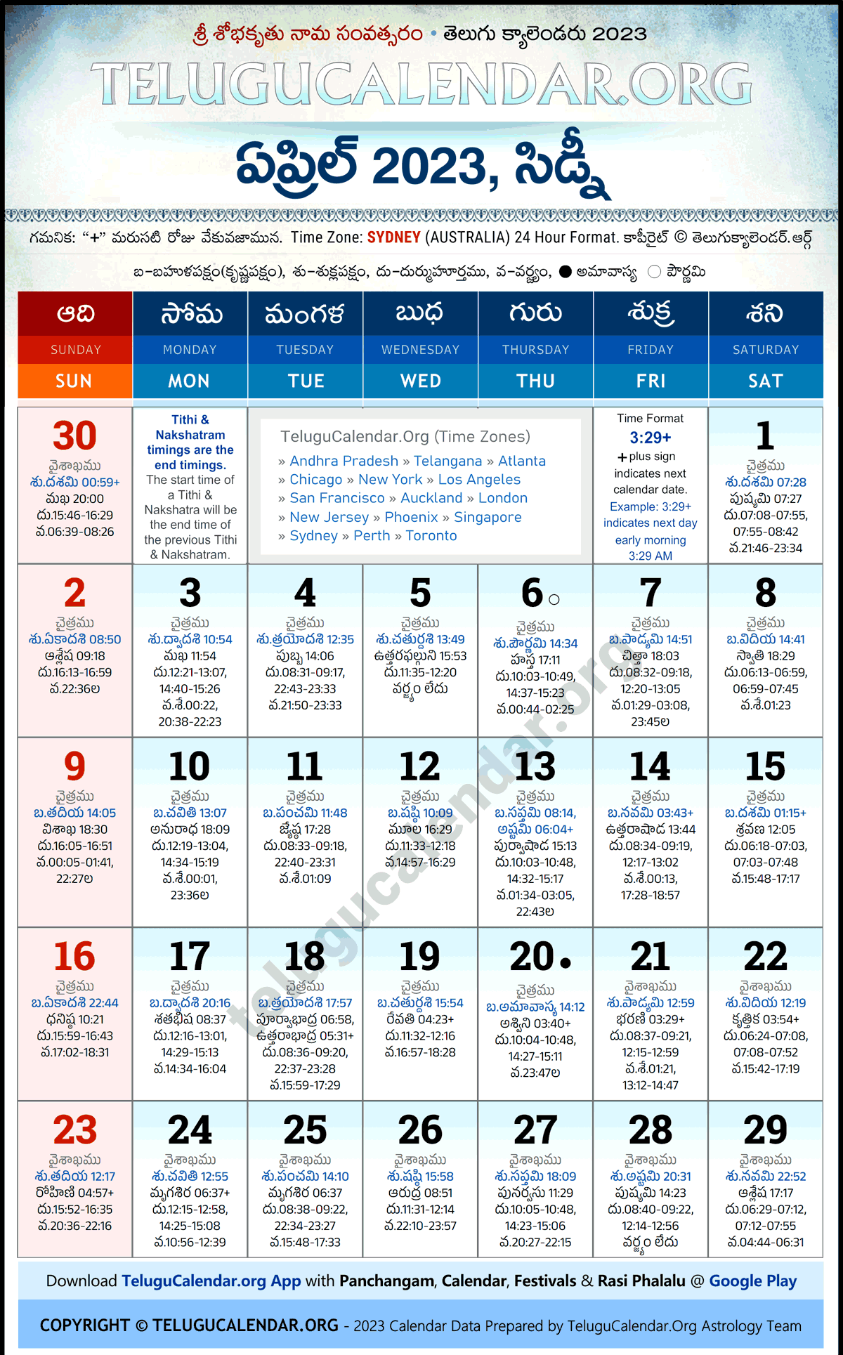 Telugu Calendar 2023 April Sydney in Telugu