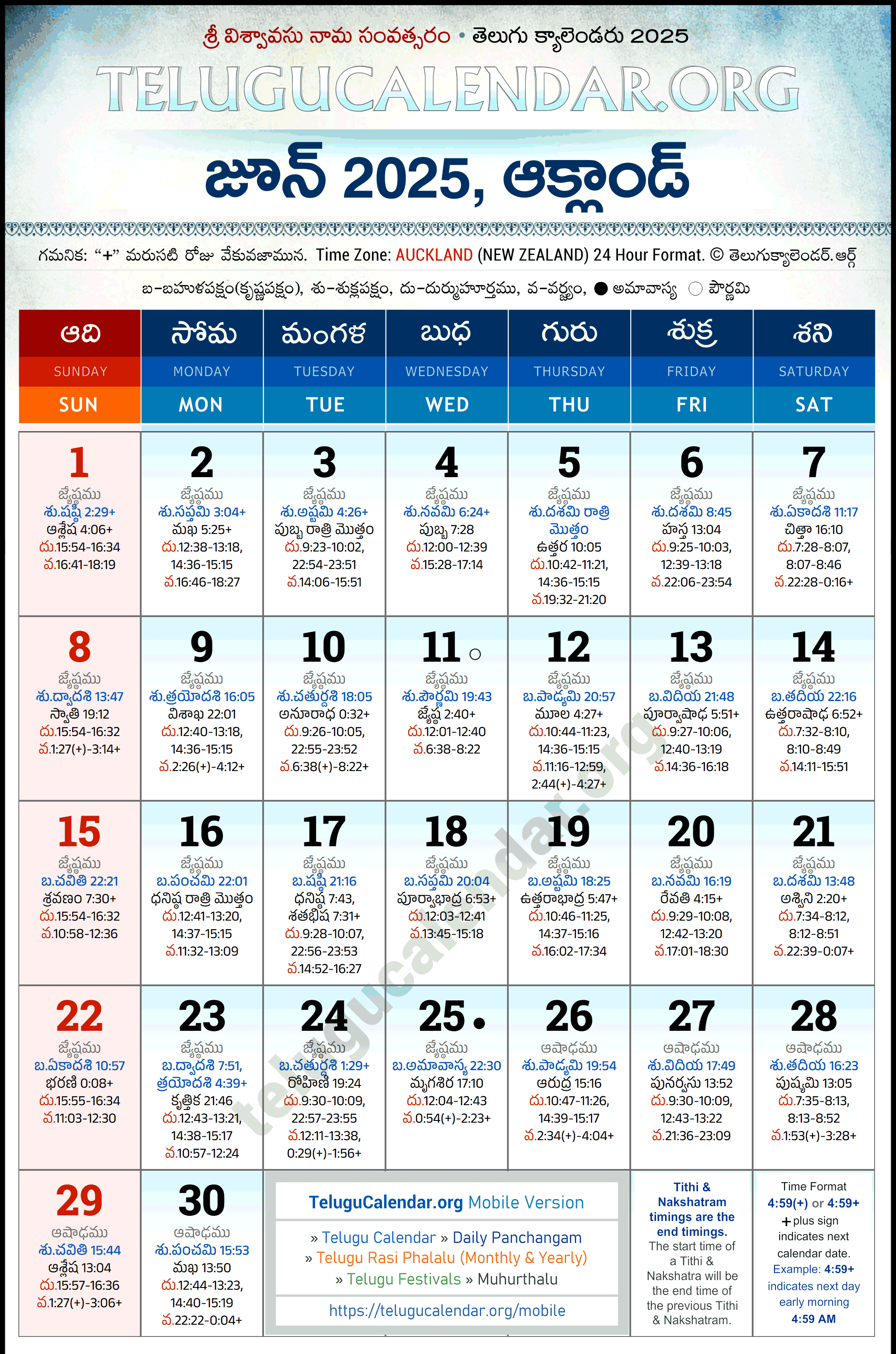 Telugu Calendar 2025 June Auckland in Telugu