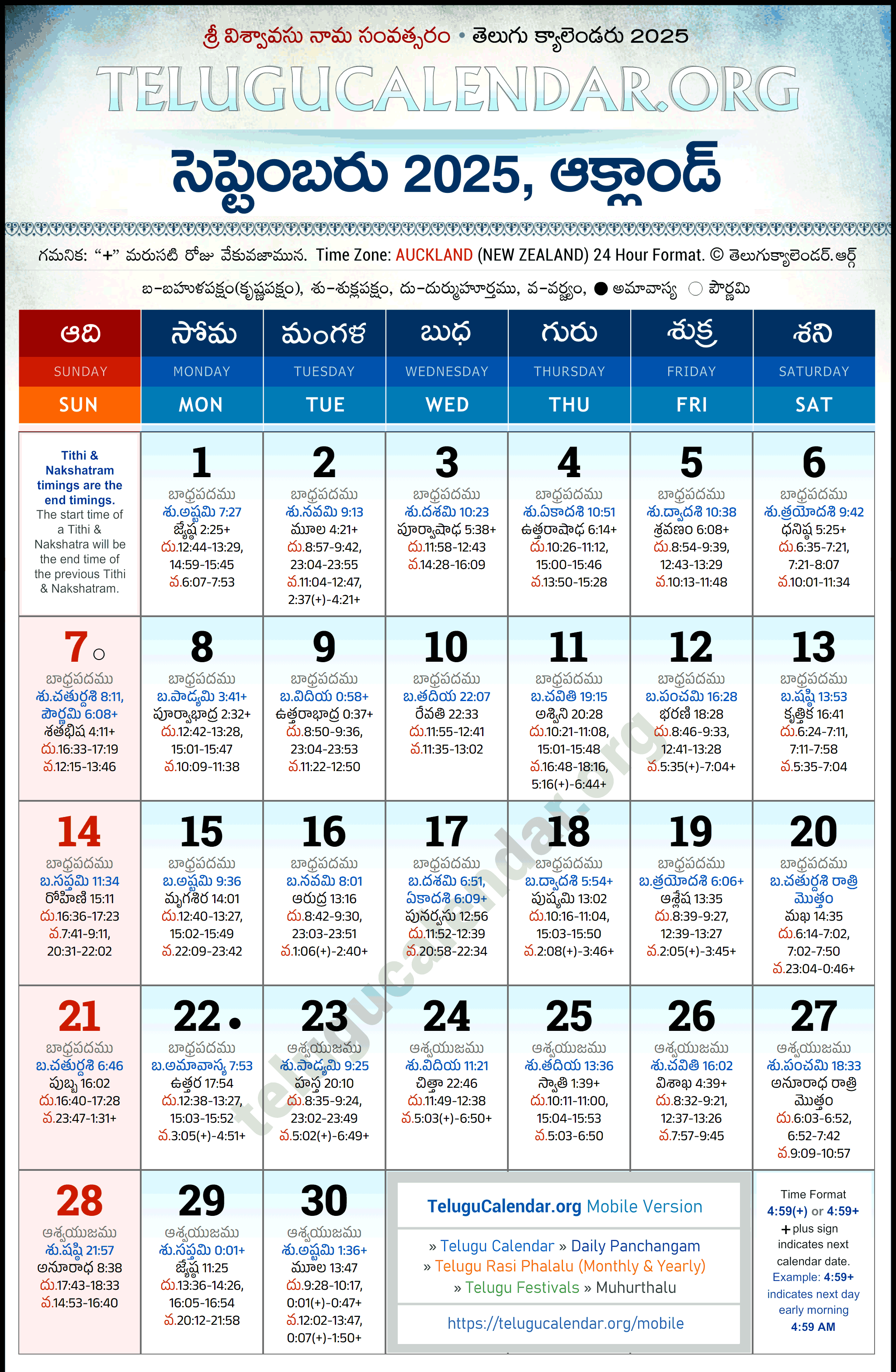 Telugu Calendar 2025 September Auckland in Telugu