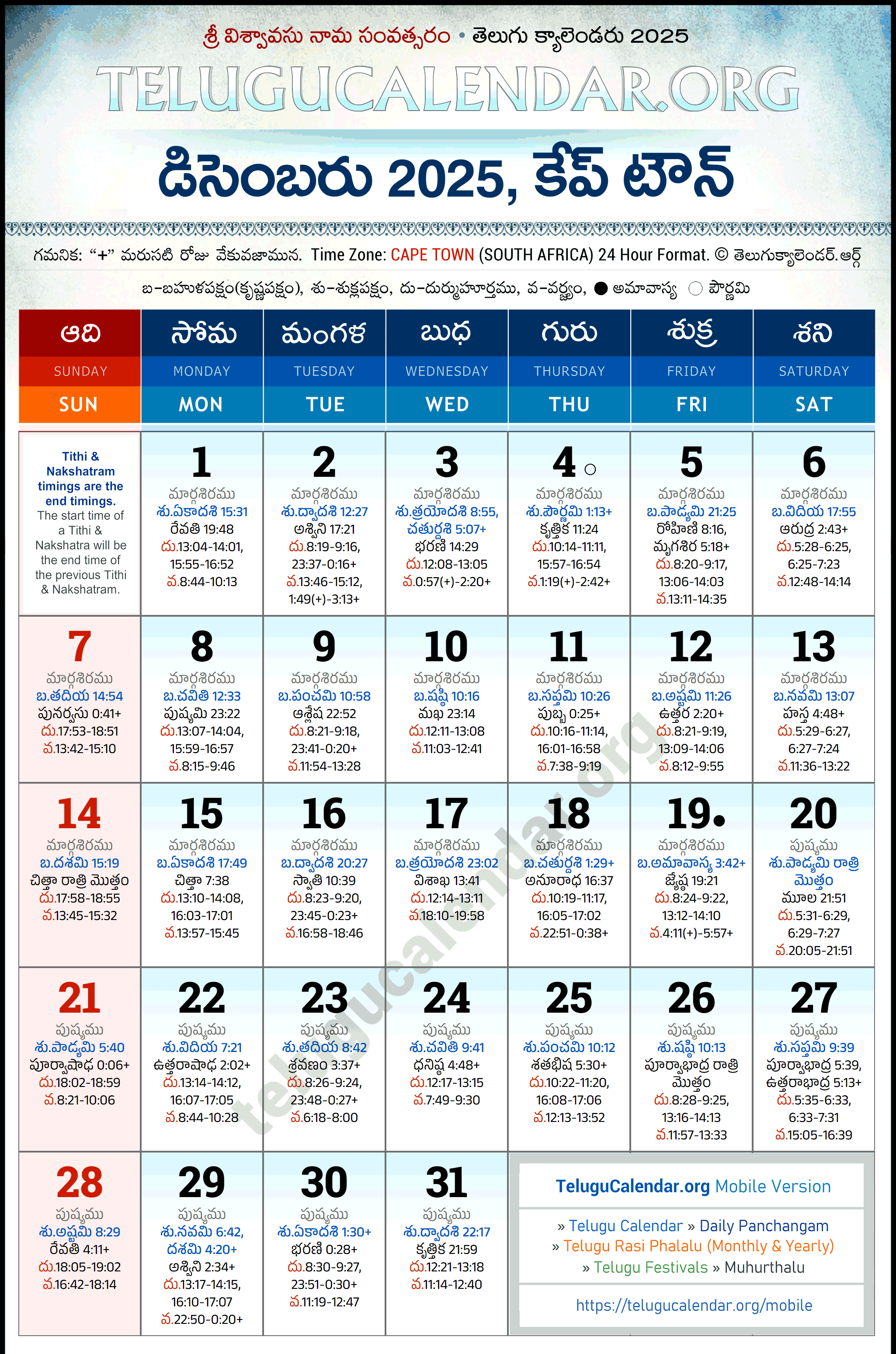 Telugu Calendar 2025 December Cape Town in Telugu