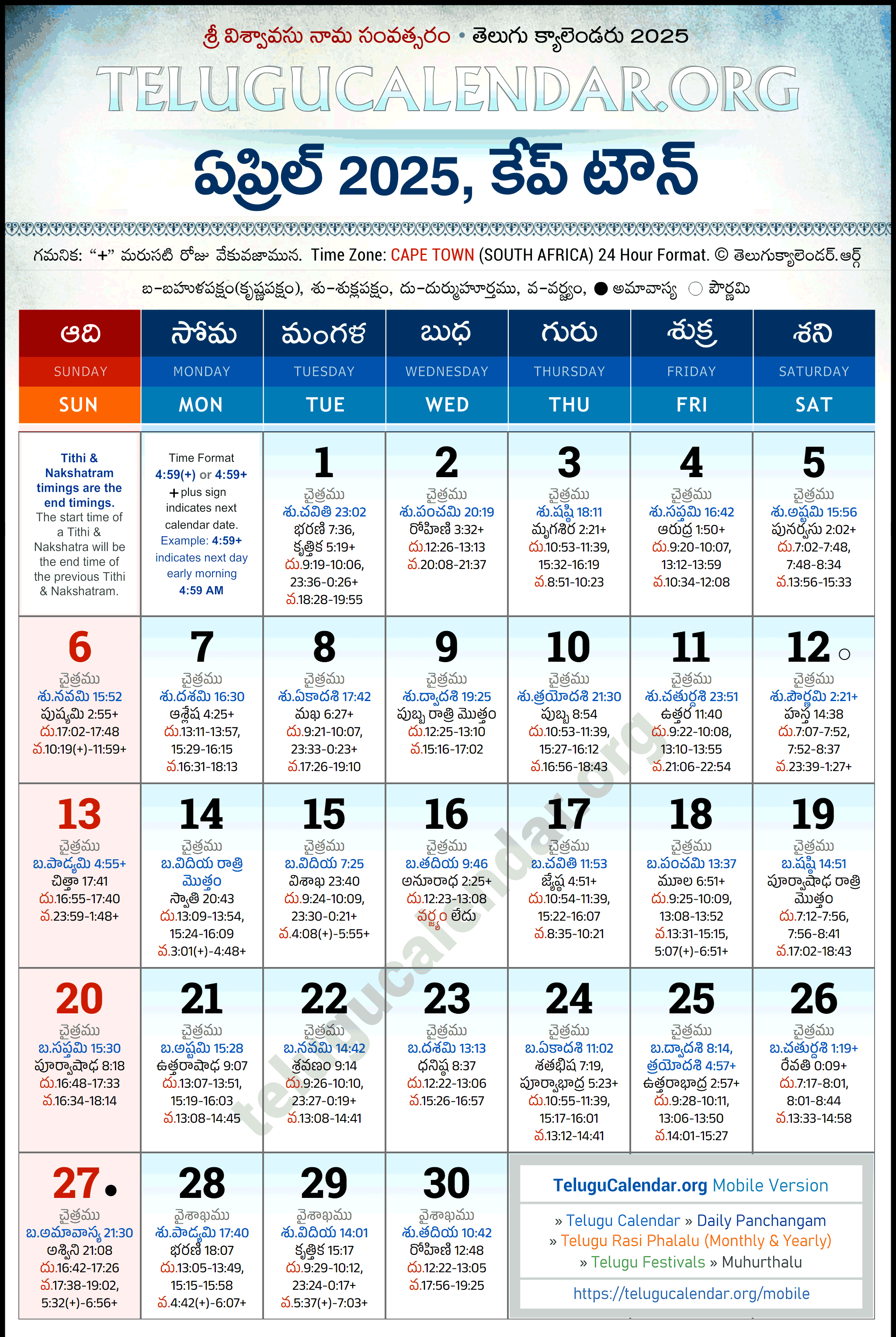 Telugu Calendar 2025 April Cape Town in Telugu