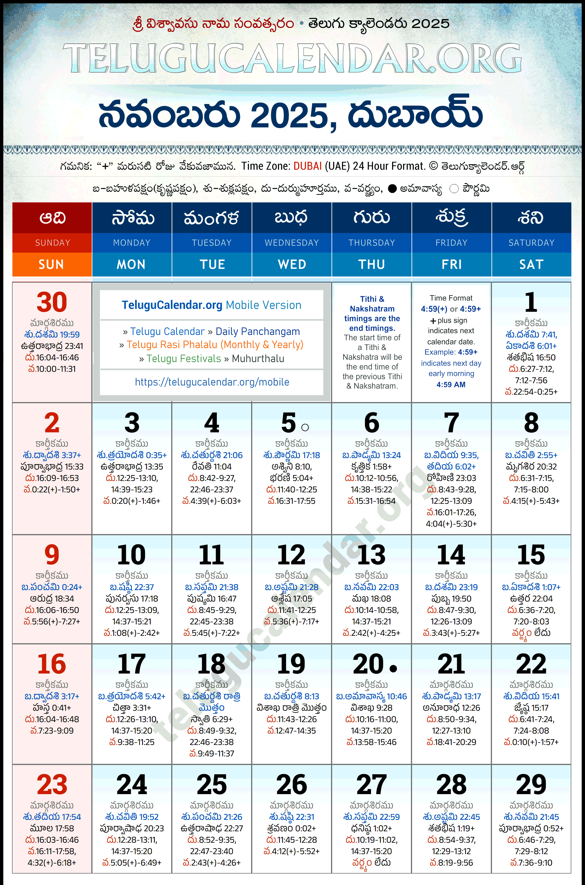 Telugu Calendar 2025 November Dubai in Telugu