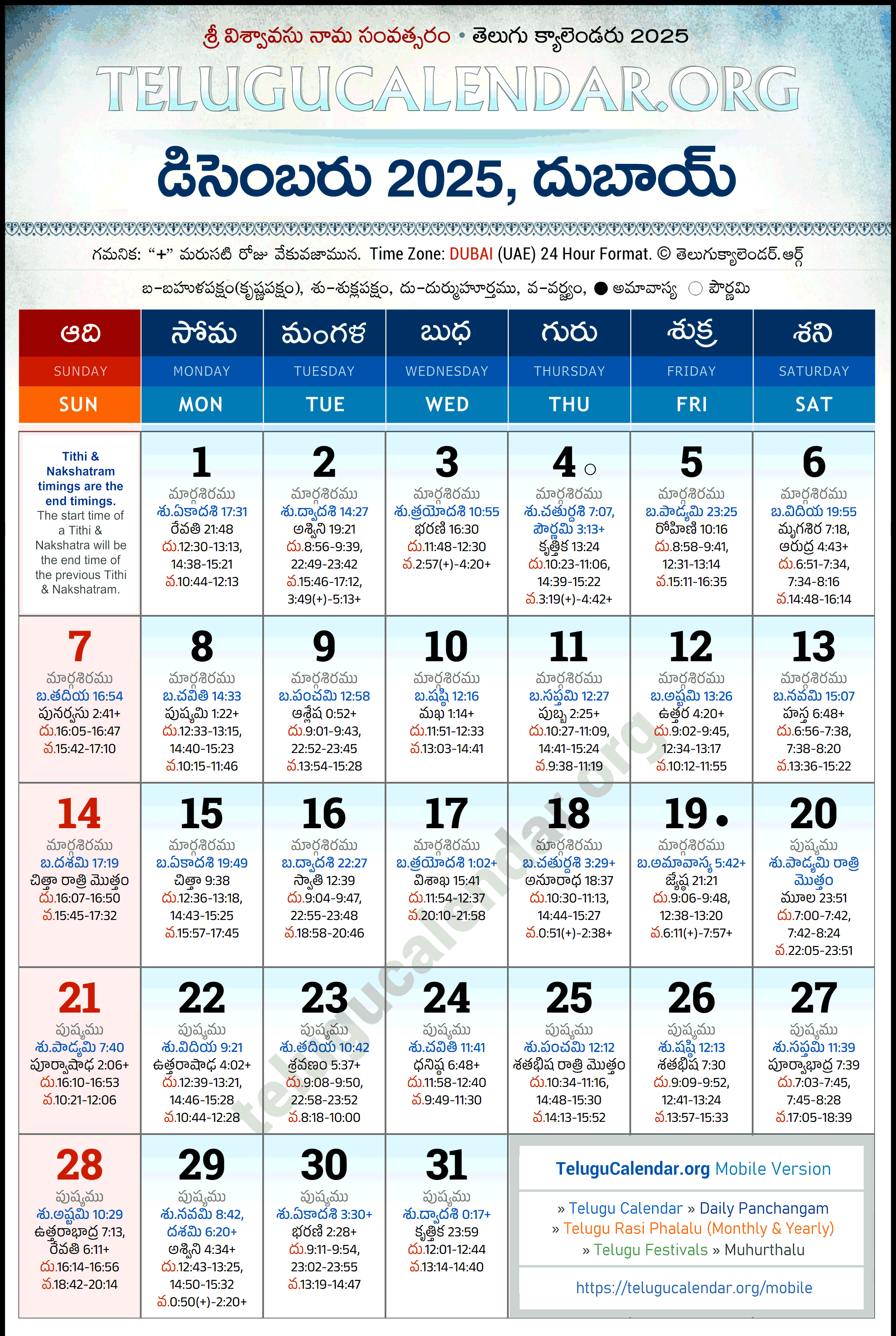 Telugu Calendar 2025 December Dubai in Telugu