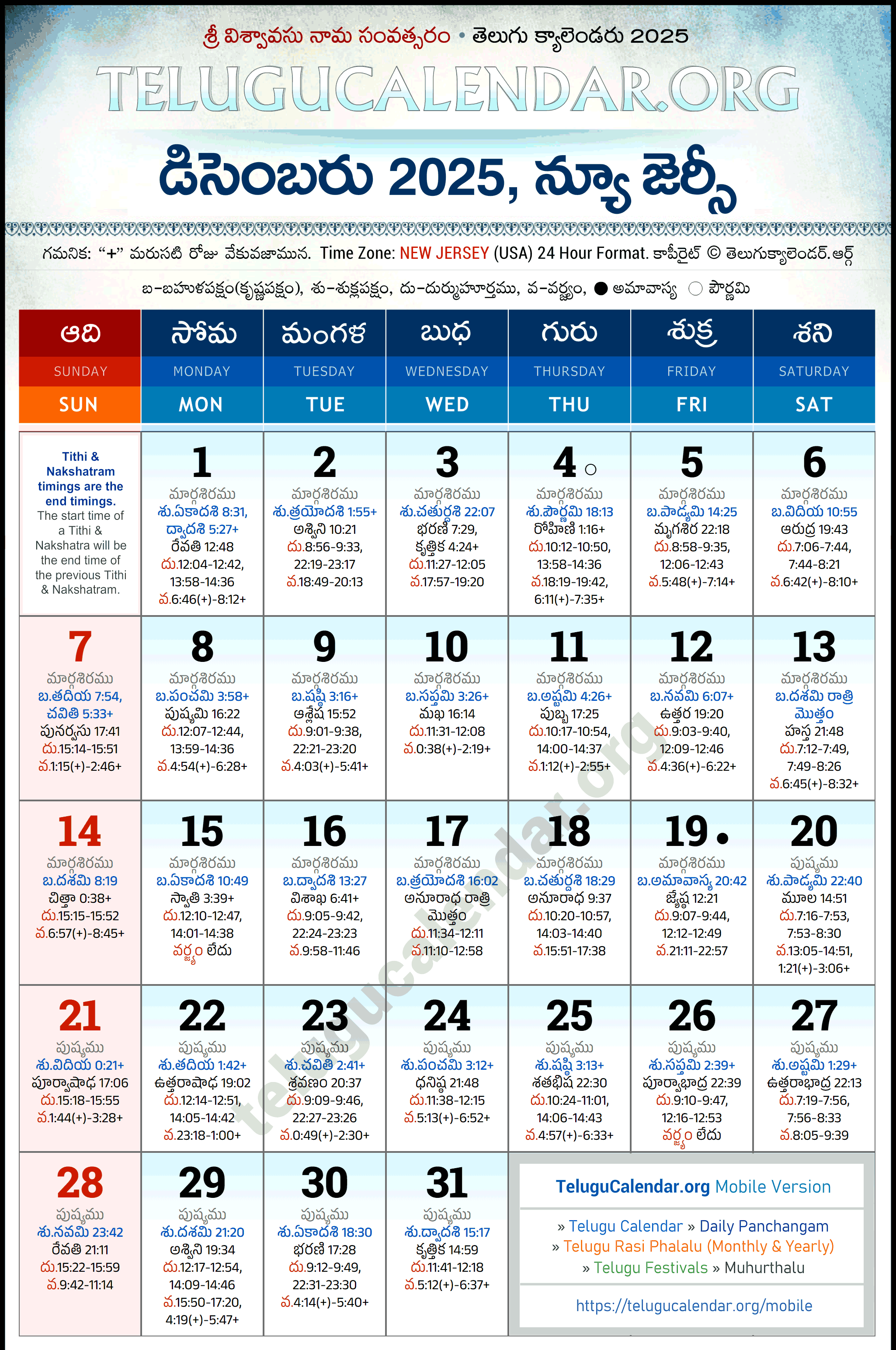 Telugu Calendar 2025 December New Jersey in Telugu