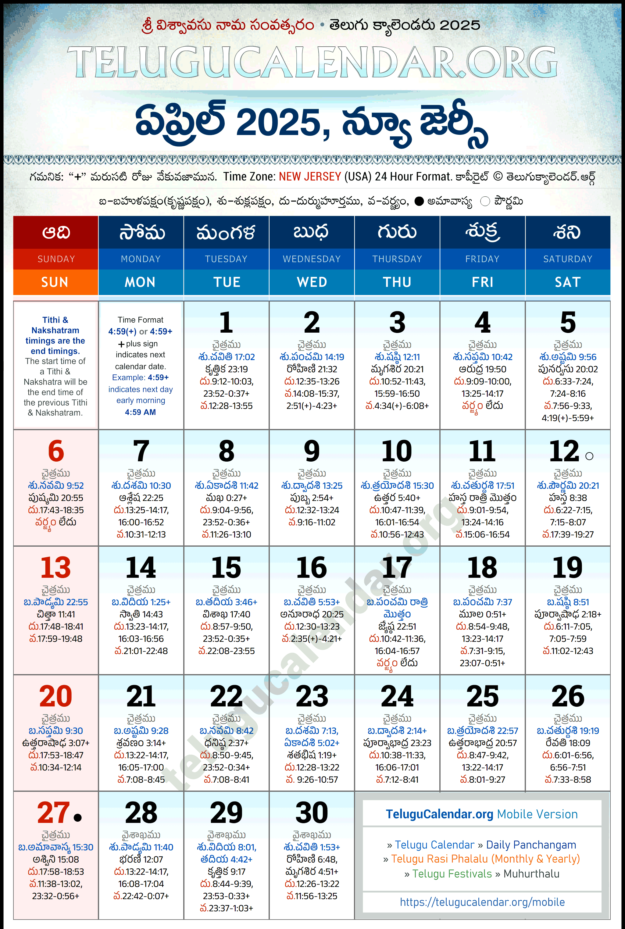 Telugu Calendar 2025 April New Jersey in Telugu