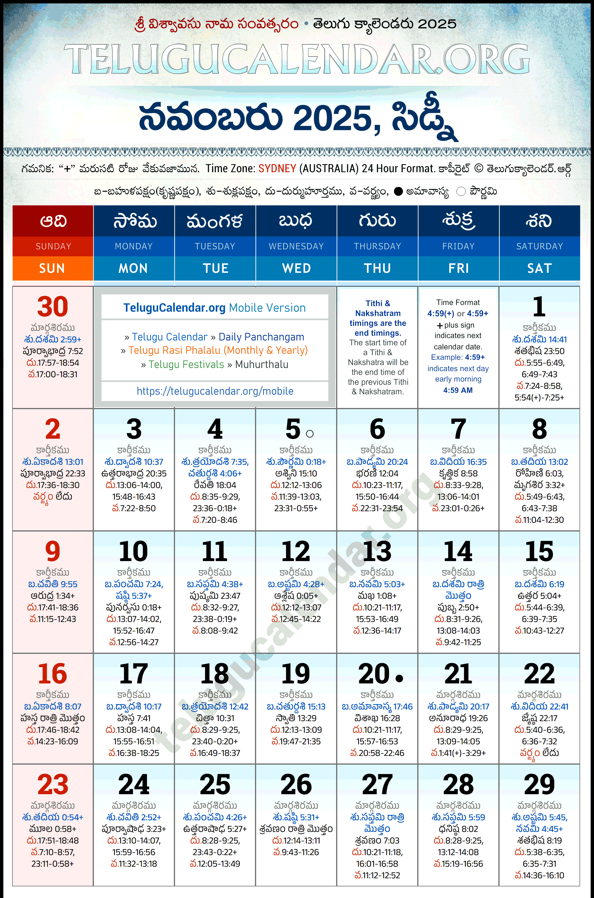 Telugu Calendar 2025 November Sydney in Telugu