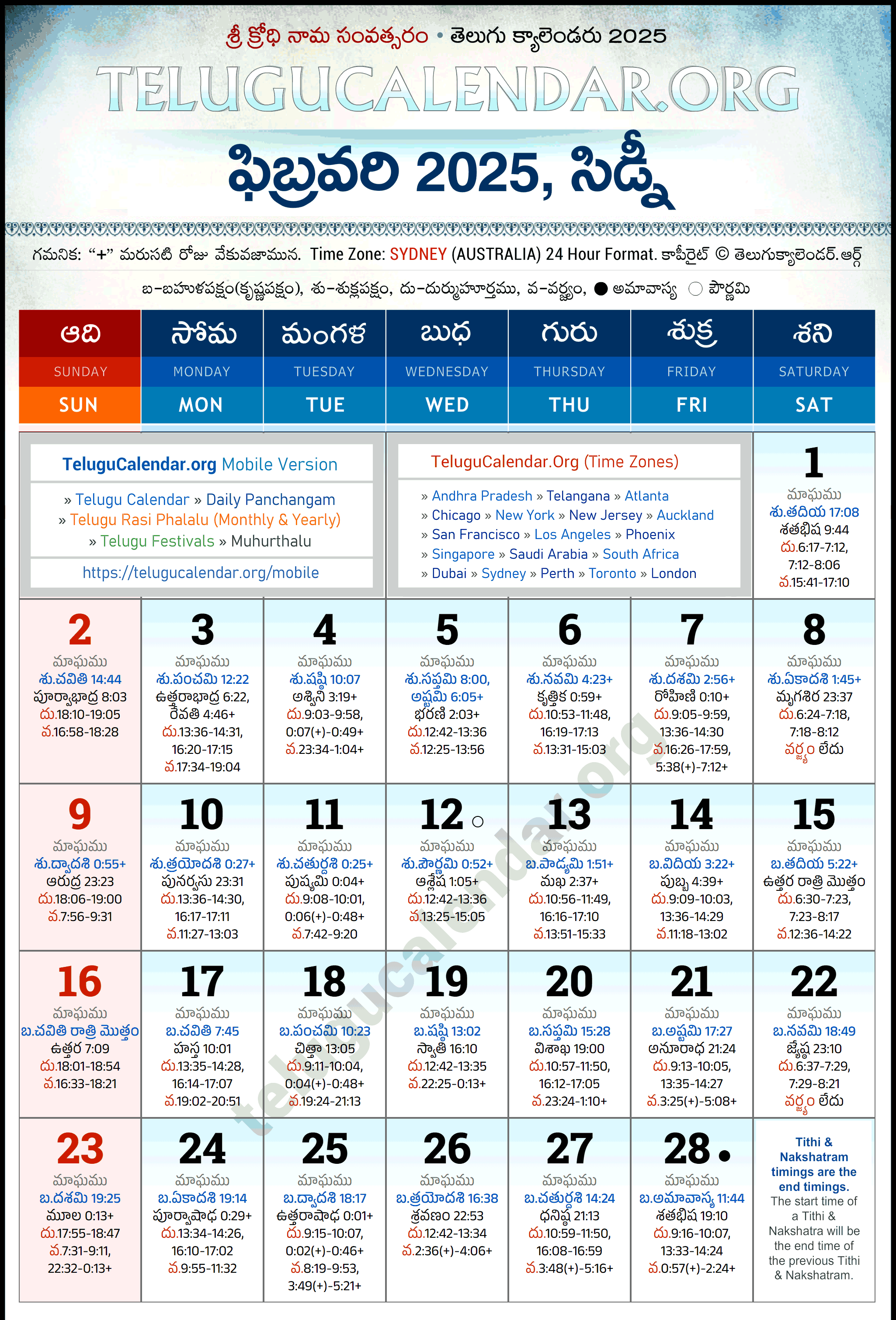 Telugu Calendar 2025 February Sydney in Telugu