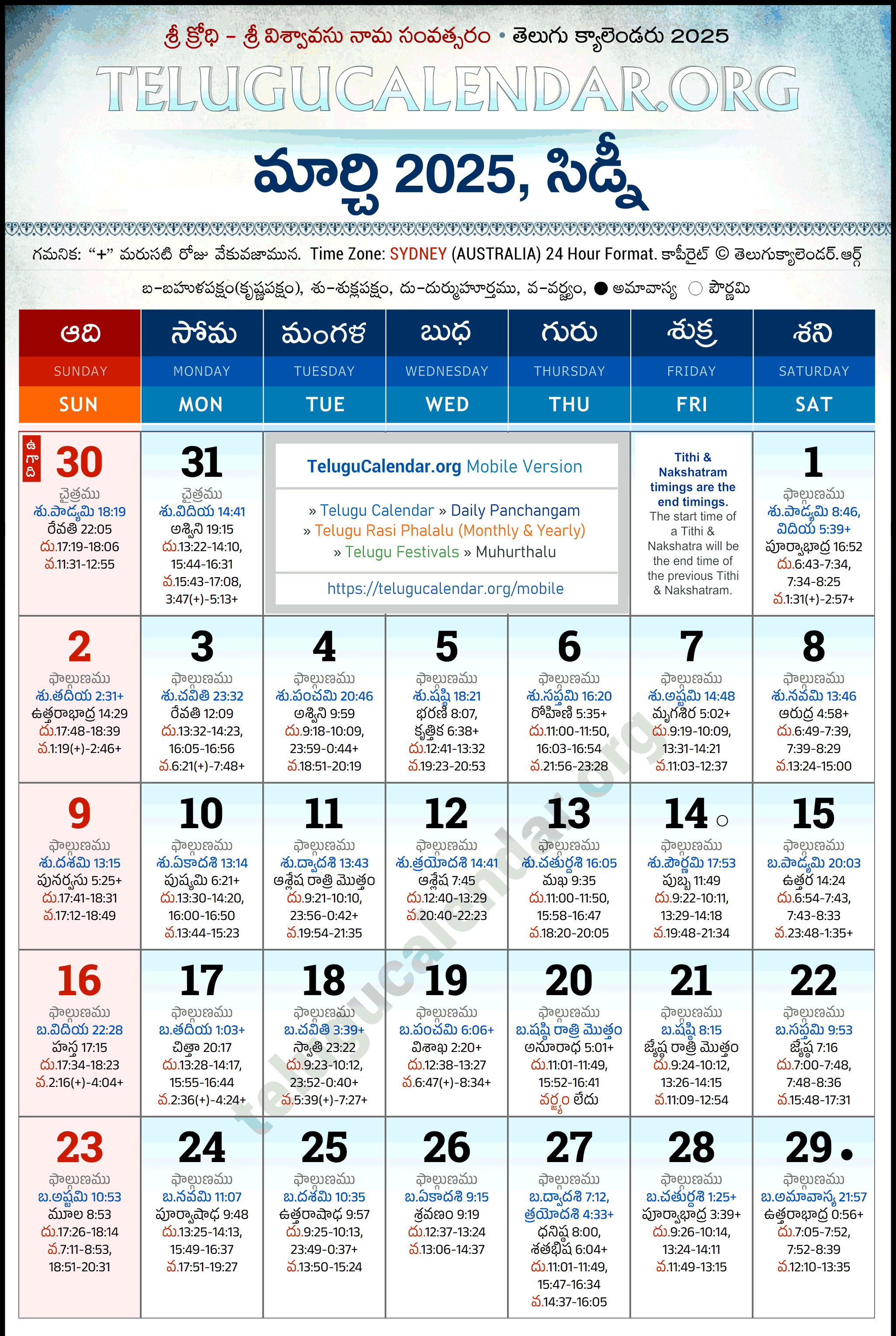 Telugu Calendar 2025 March Sydney in Telugu