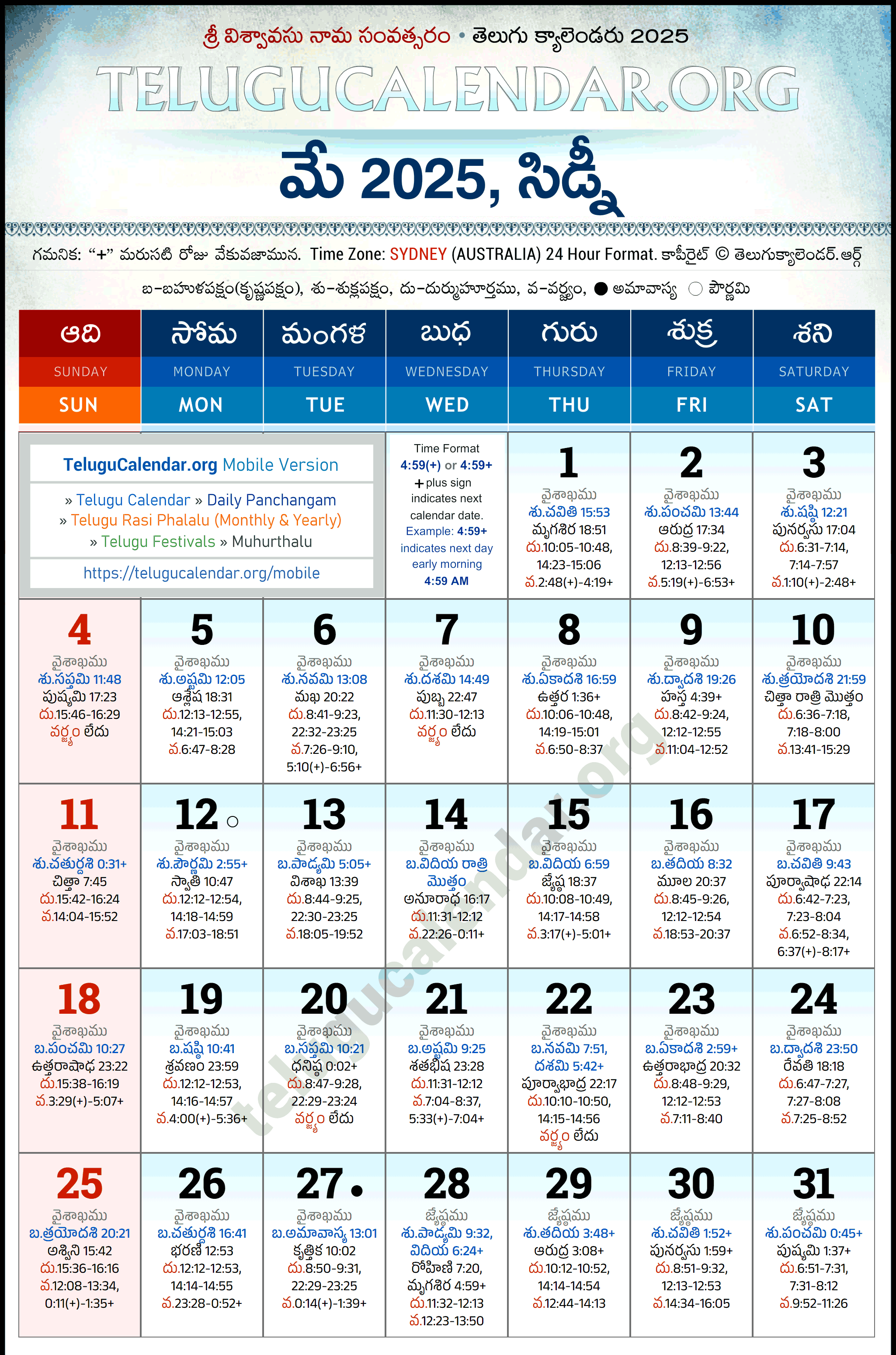 Telugu Calendar 2025 May Sydney in Telugu