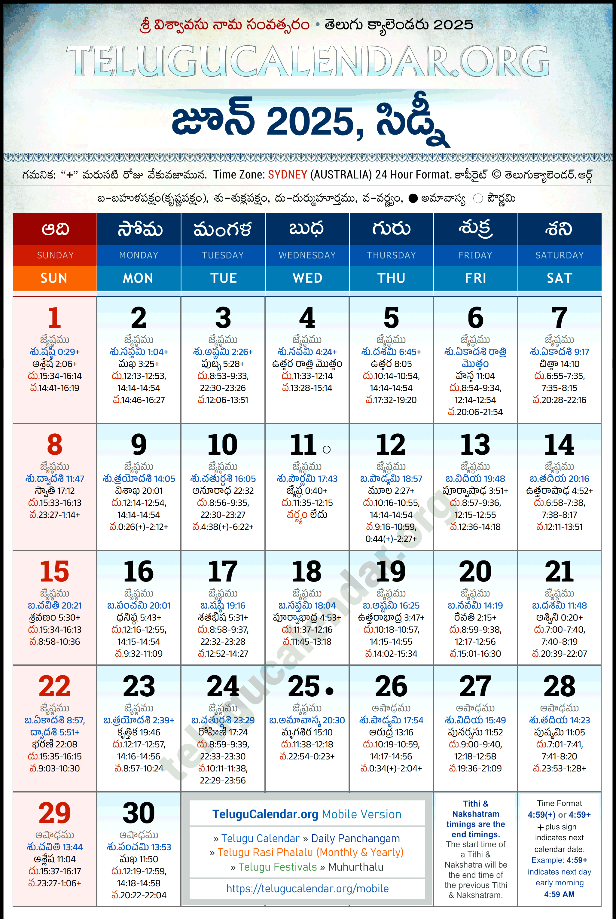 Telugu Calendar 2025 June Sydney in Telugu