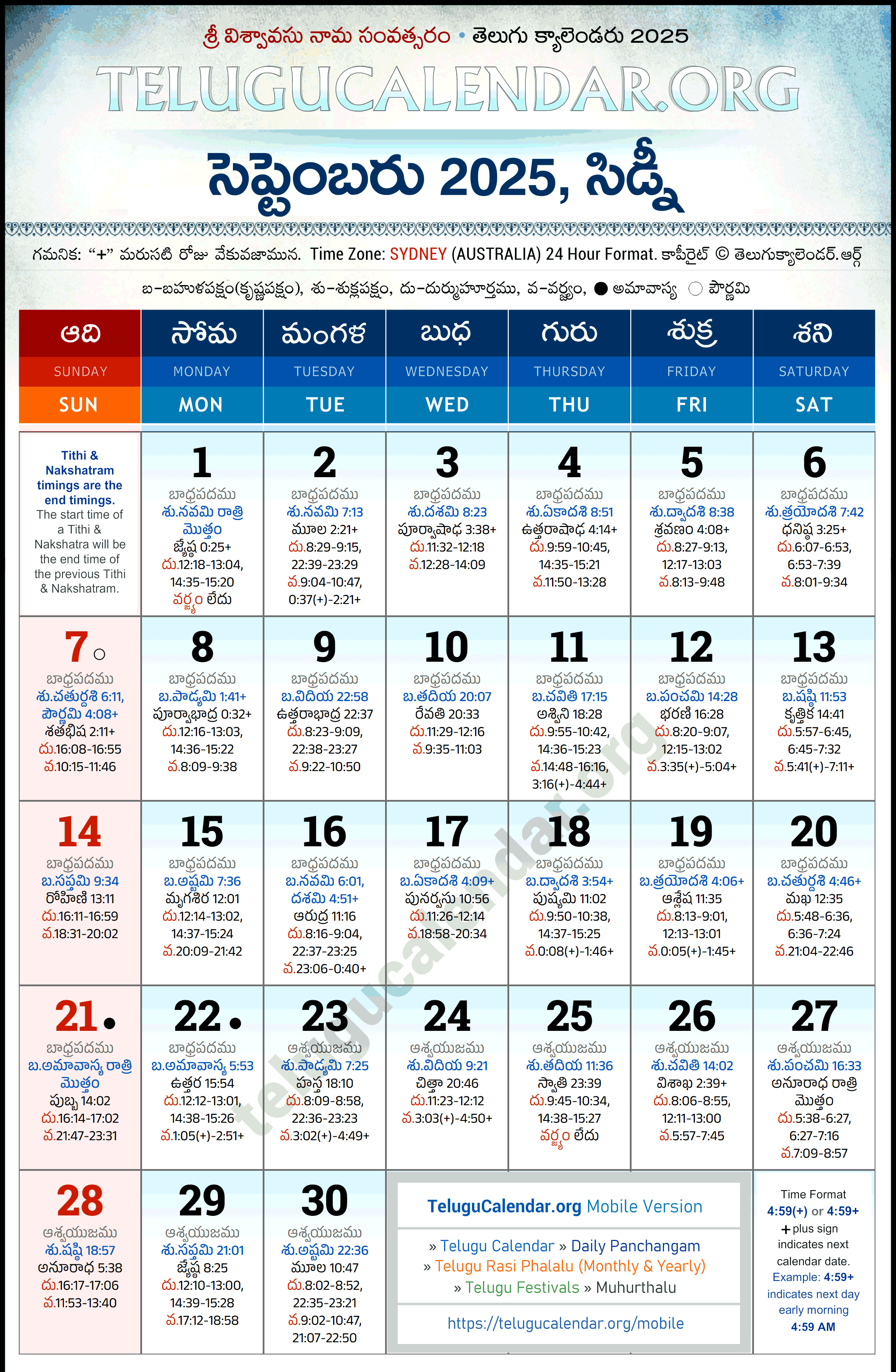 Telugu Calendar 2025 September Sydney in Telugu