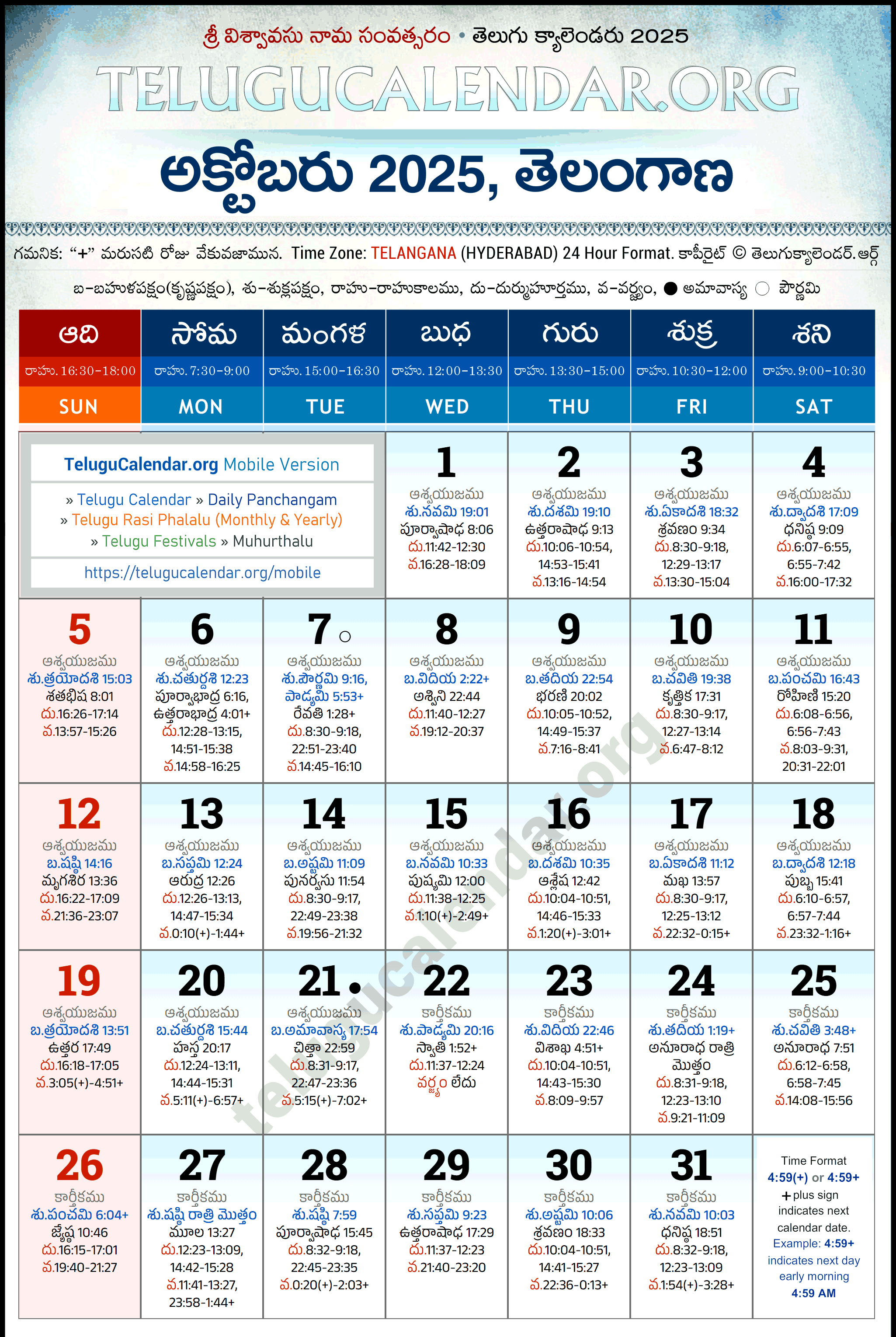 Telugu Calendar 2025 October Telangana in Telugu
