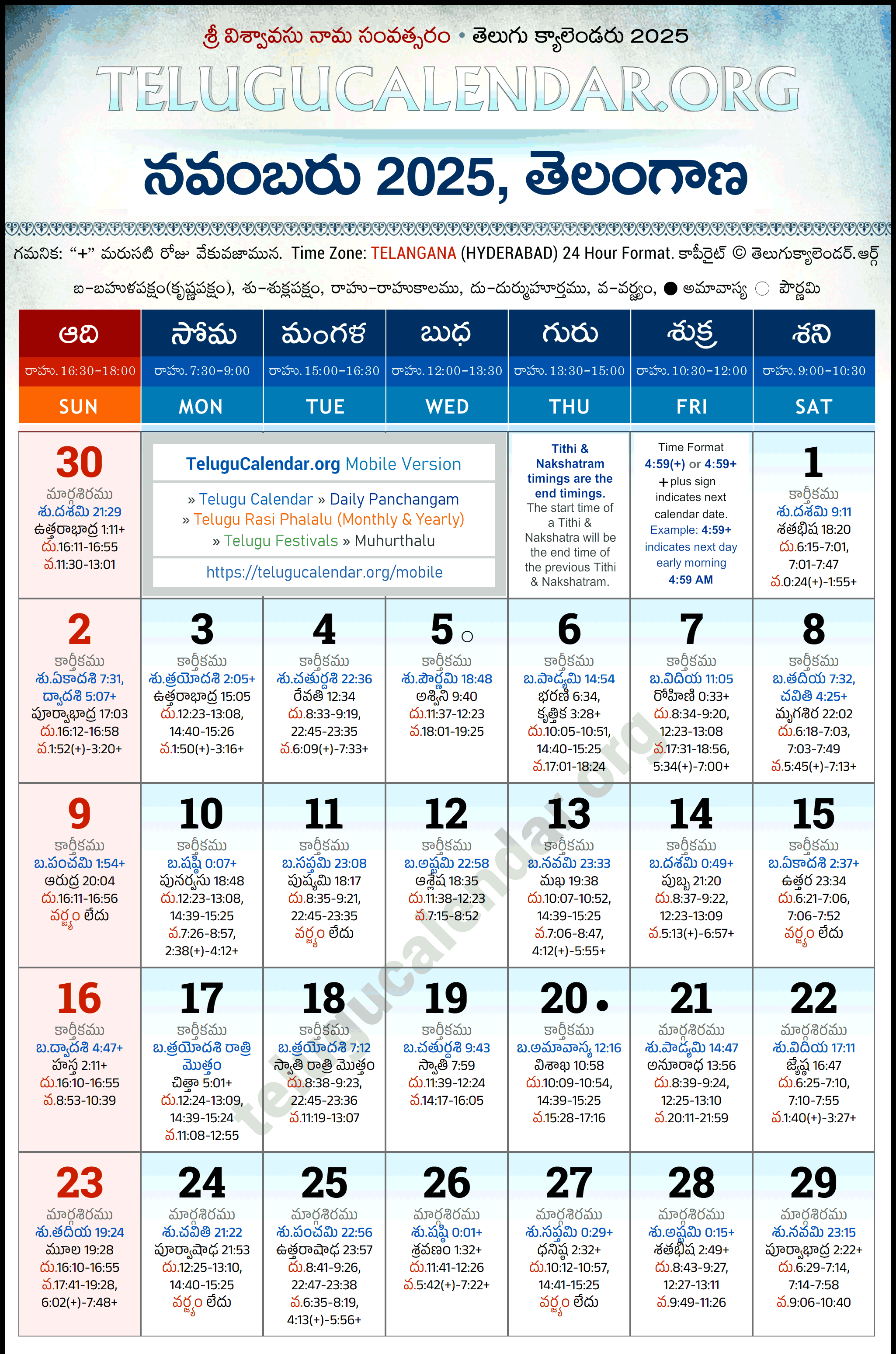 Telugu Calendar 2025 November Telangana in Telugu