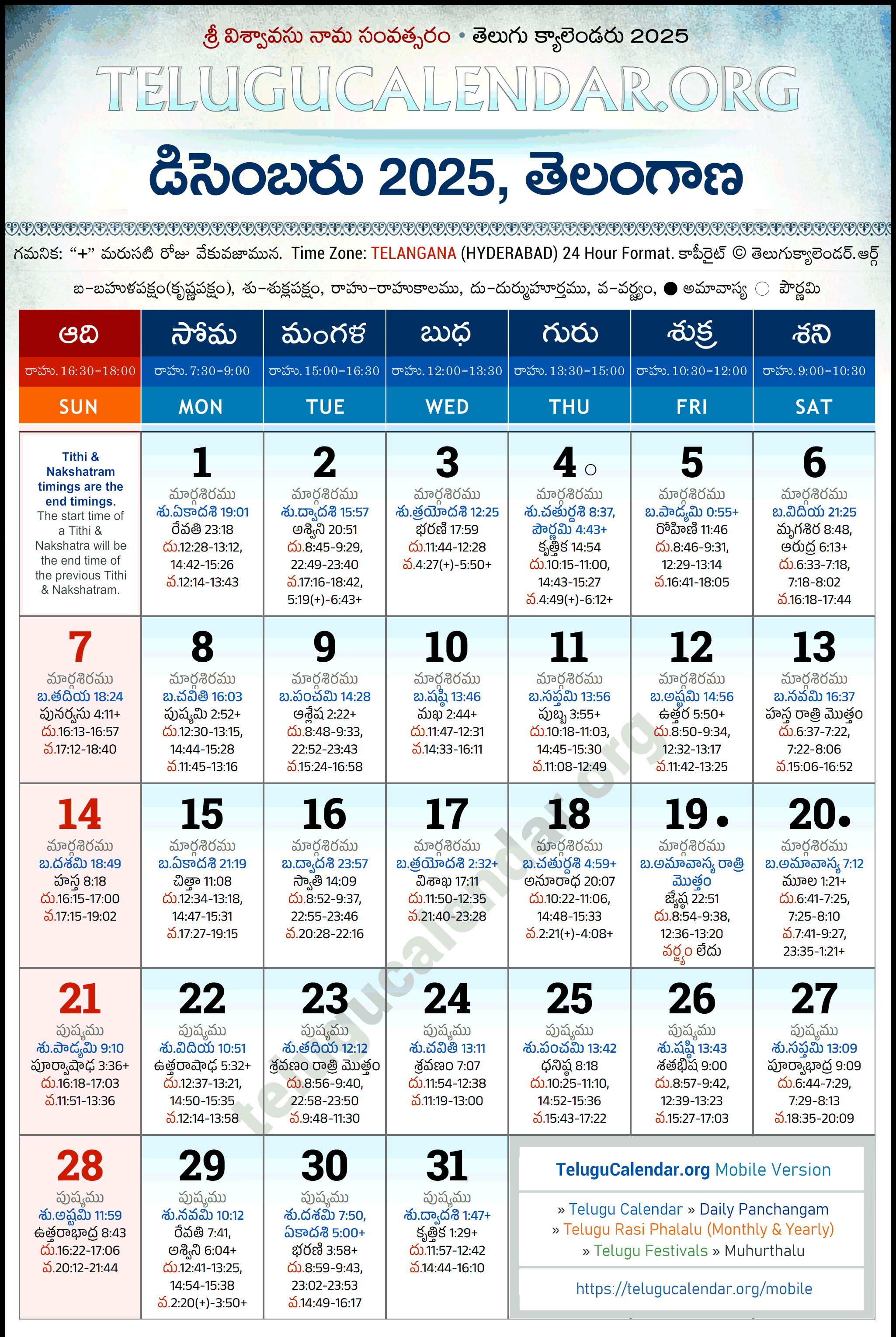 Telugu Calendar 2025 December Telangana in Telugu