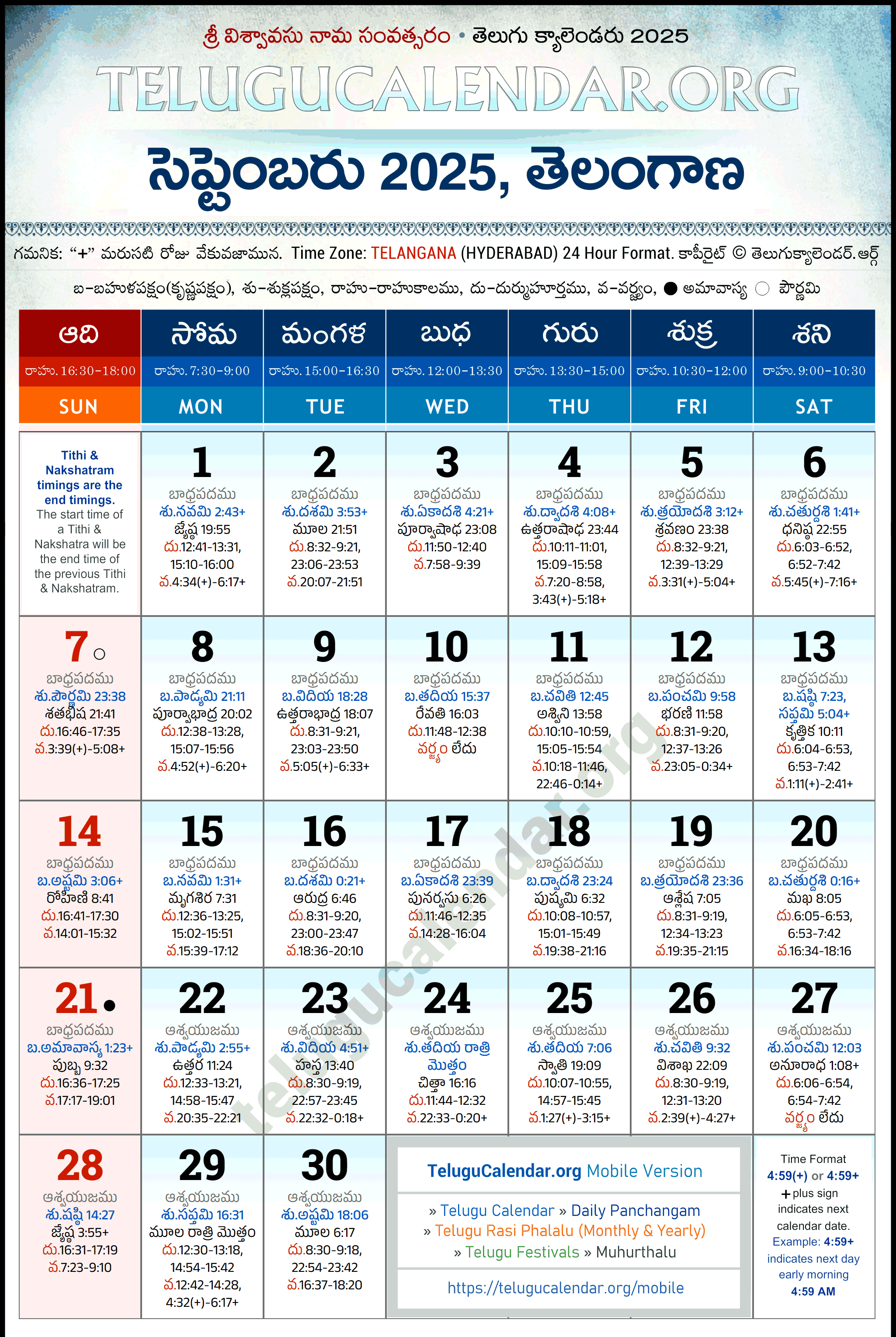 Telugu Calendar 2025 September