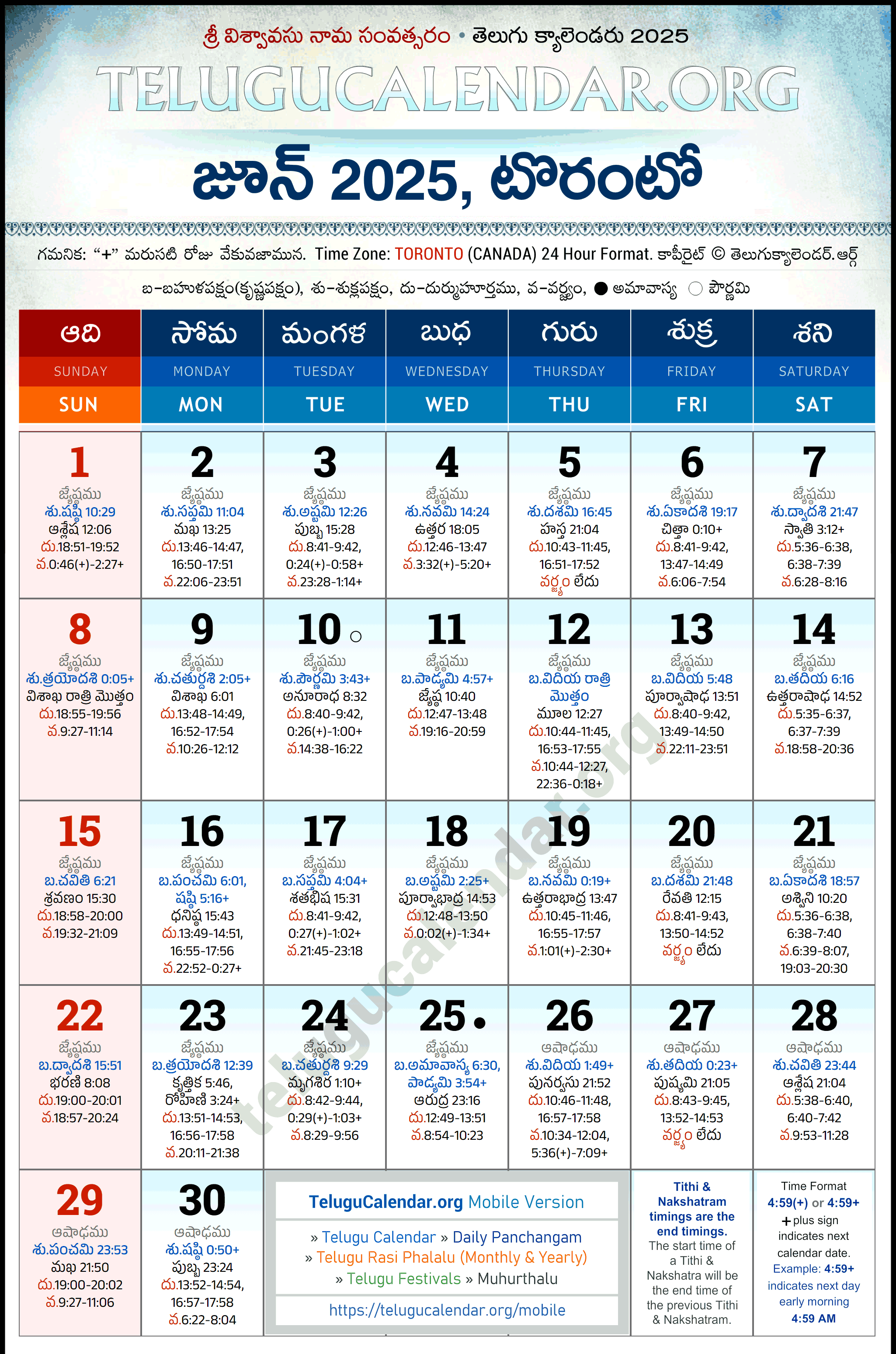 Telugu Calendar 2025 June Toronto in Telugu