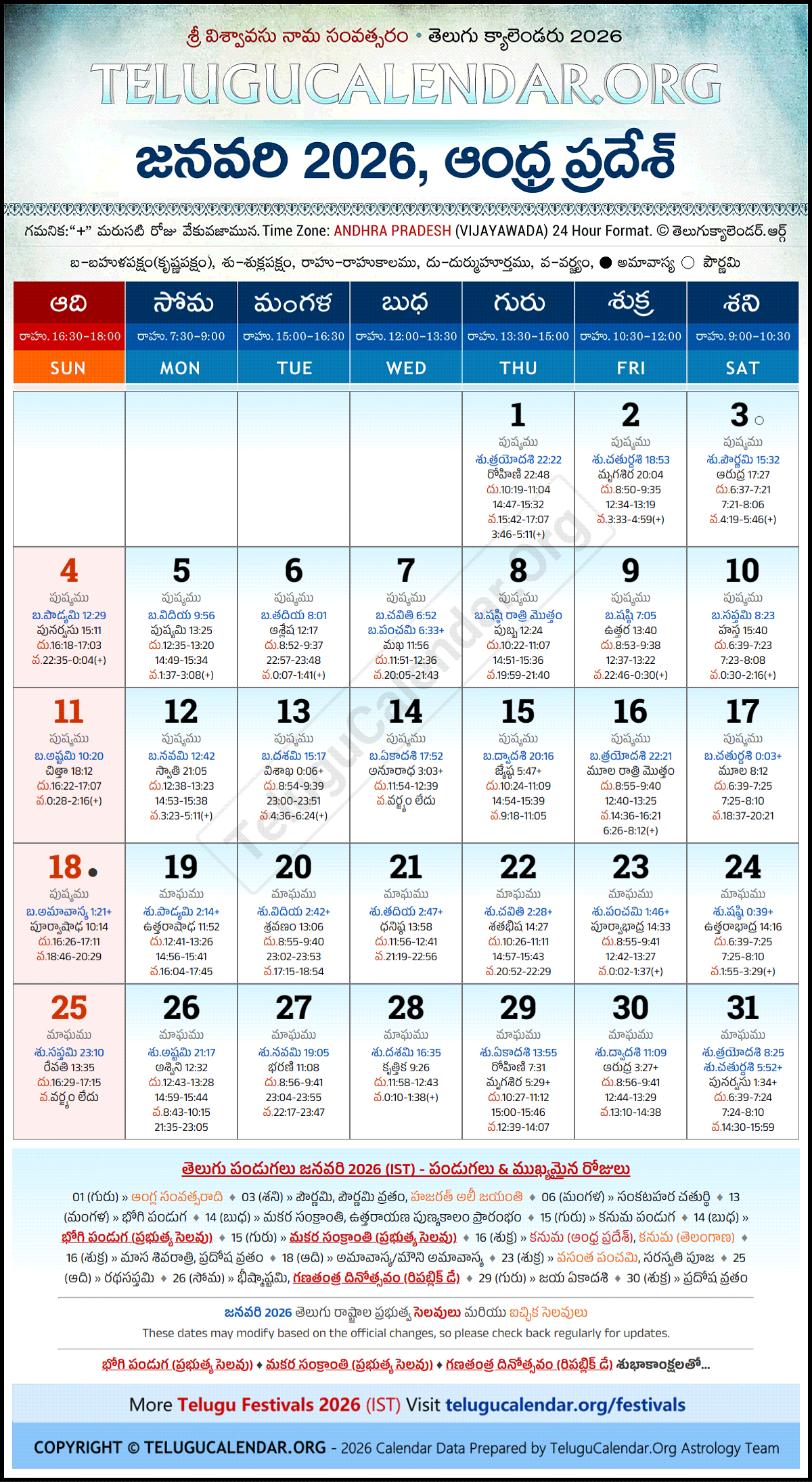 Telugu Calendar 2026 January