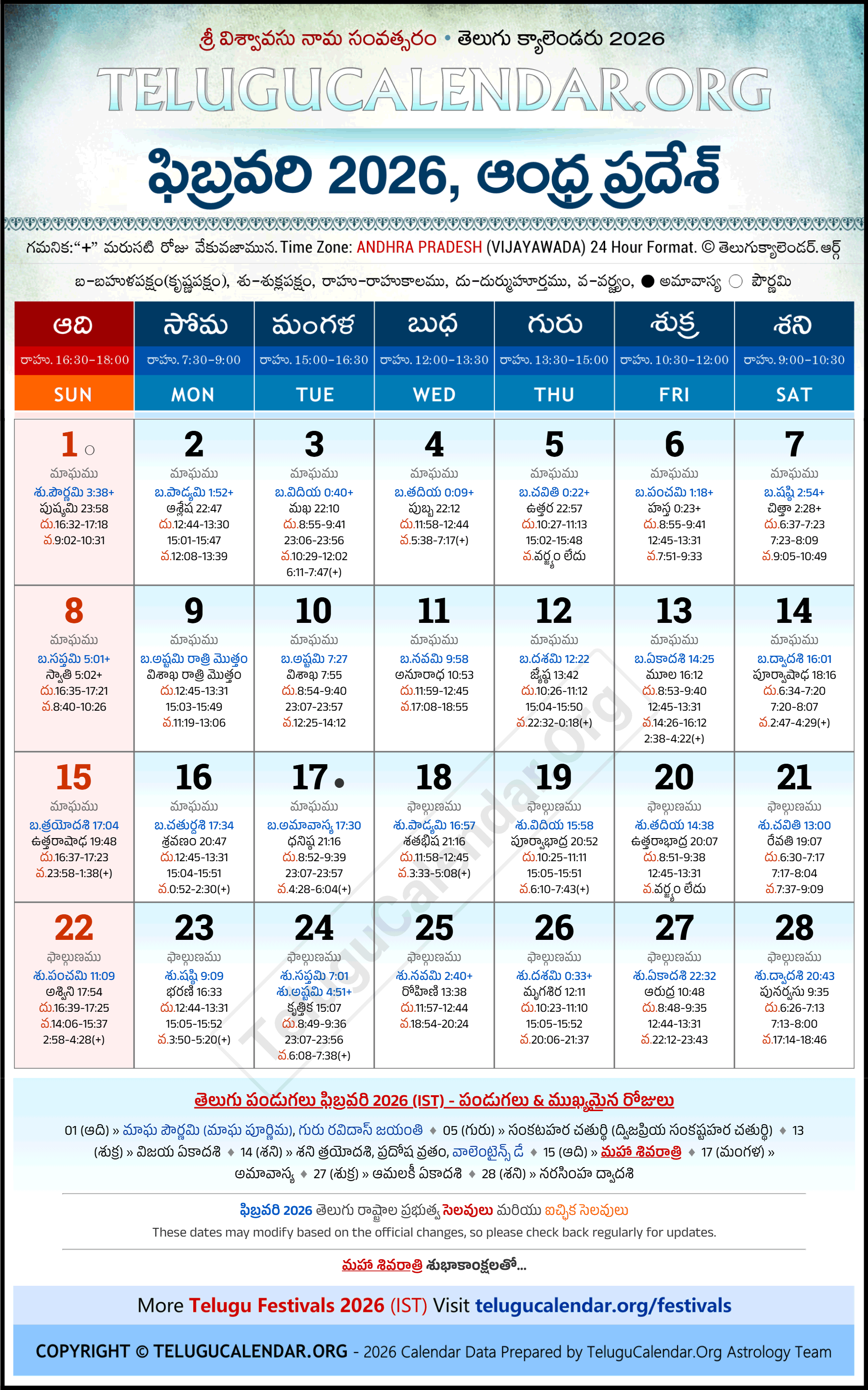 Andhra Pradesh Telugu Calendar 2026 January
