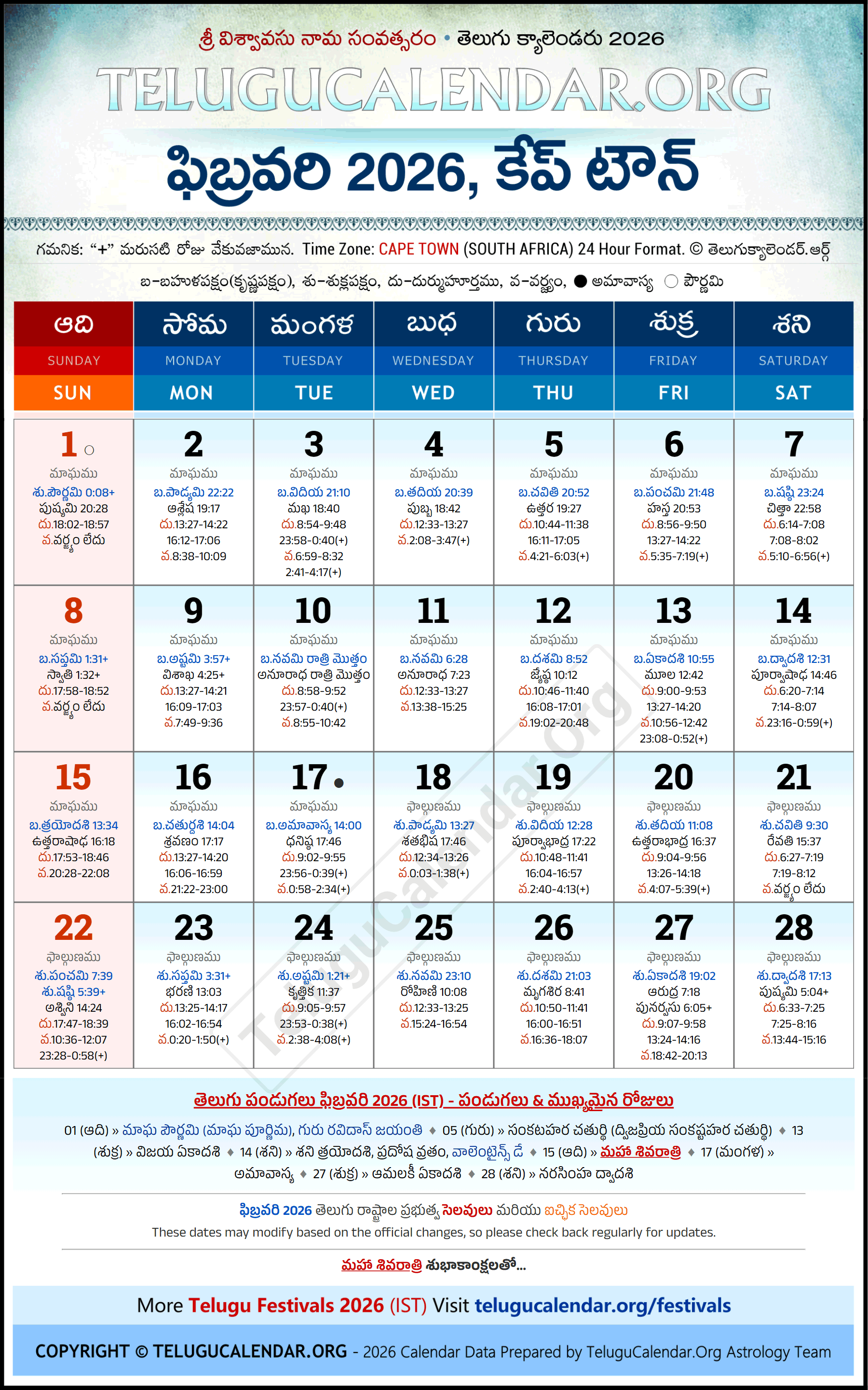 Cape Town Telugu Calendar 2026 January