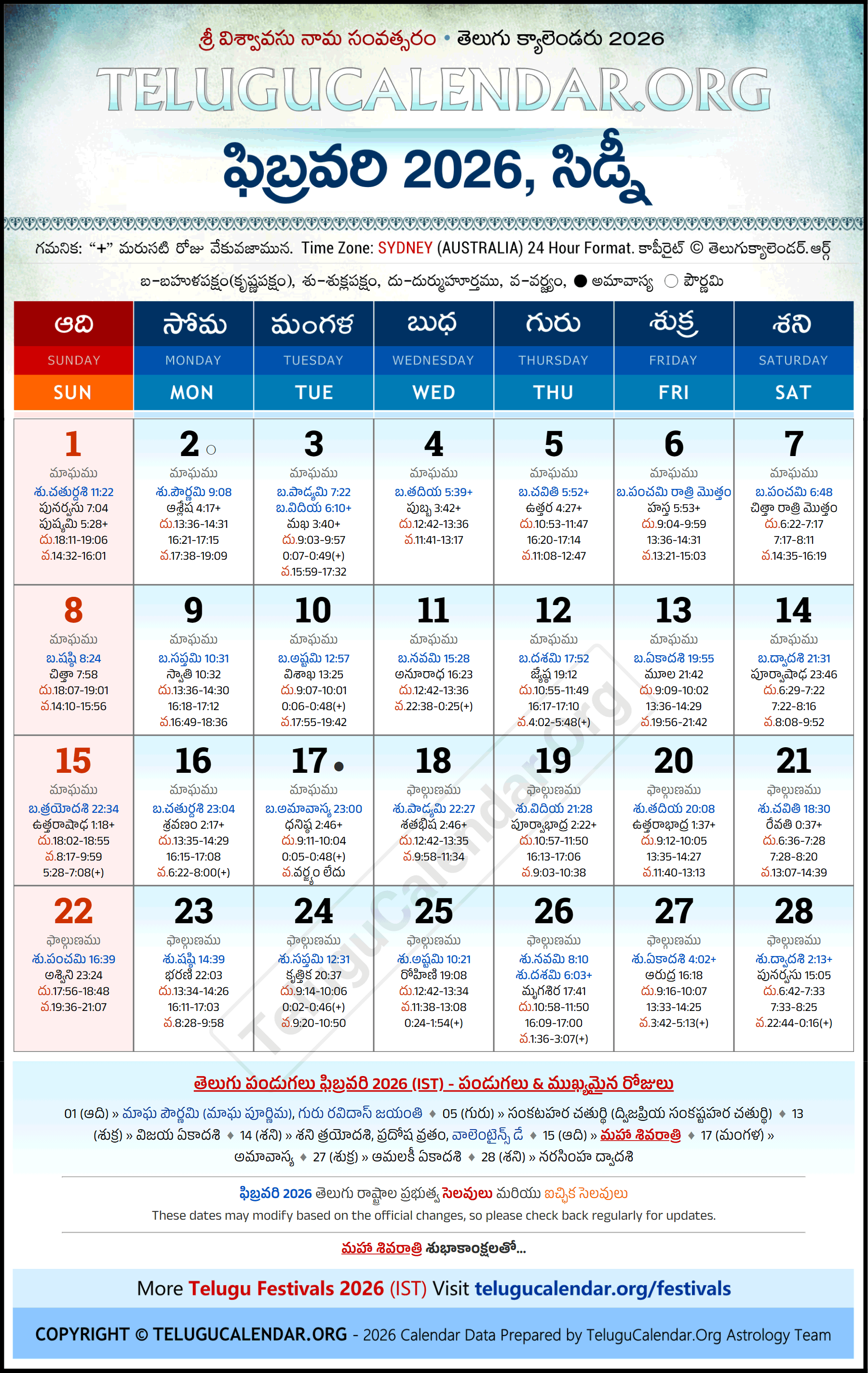 Sydney Telugu Calendar 2026 January
