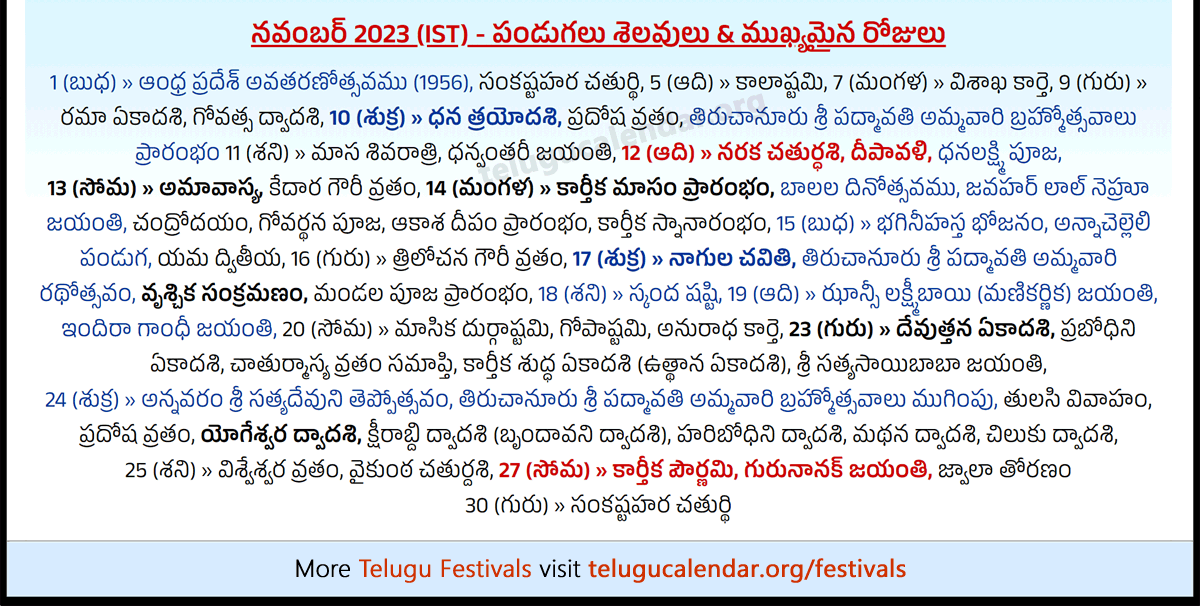 Telugu Festivals (IST) 2023 November