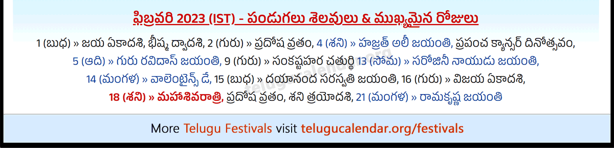 Telugu Festivals (IST) 2023 February