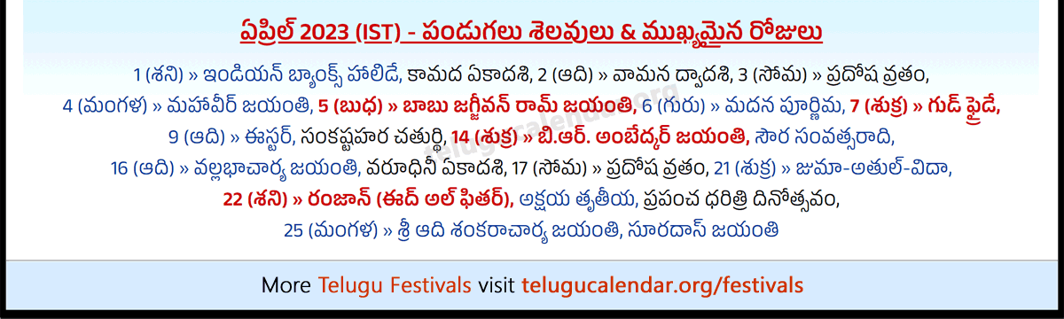 Telugu Festivals (IST) 2023 April