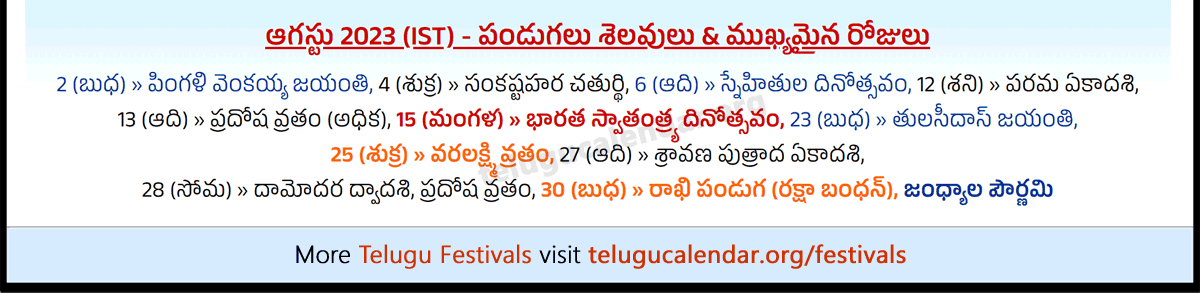 Telugu Festivals (IST) 2023 August
