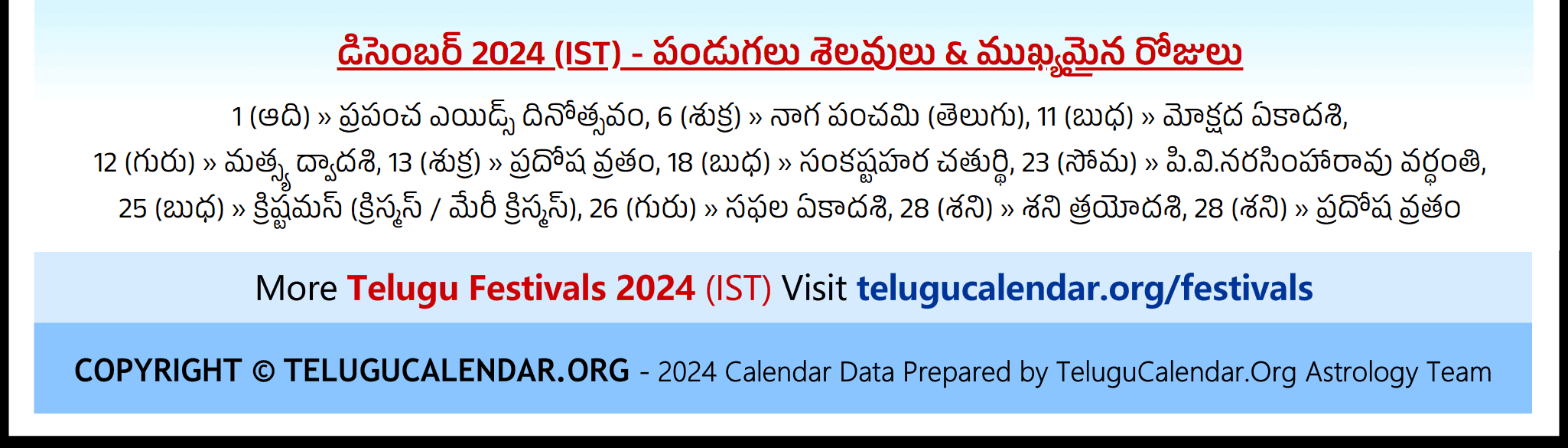 Telugu Festivals (IST) 2024 December