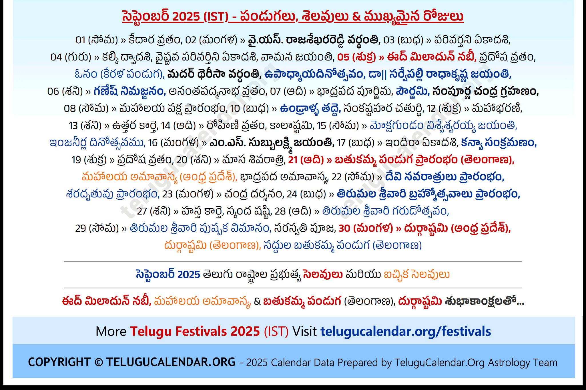 Telugu Festivals (IST) 2024 September