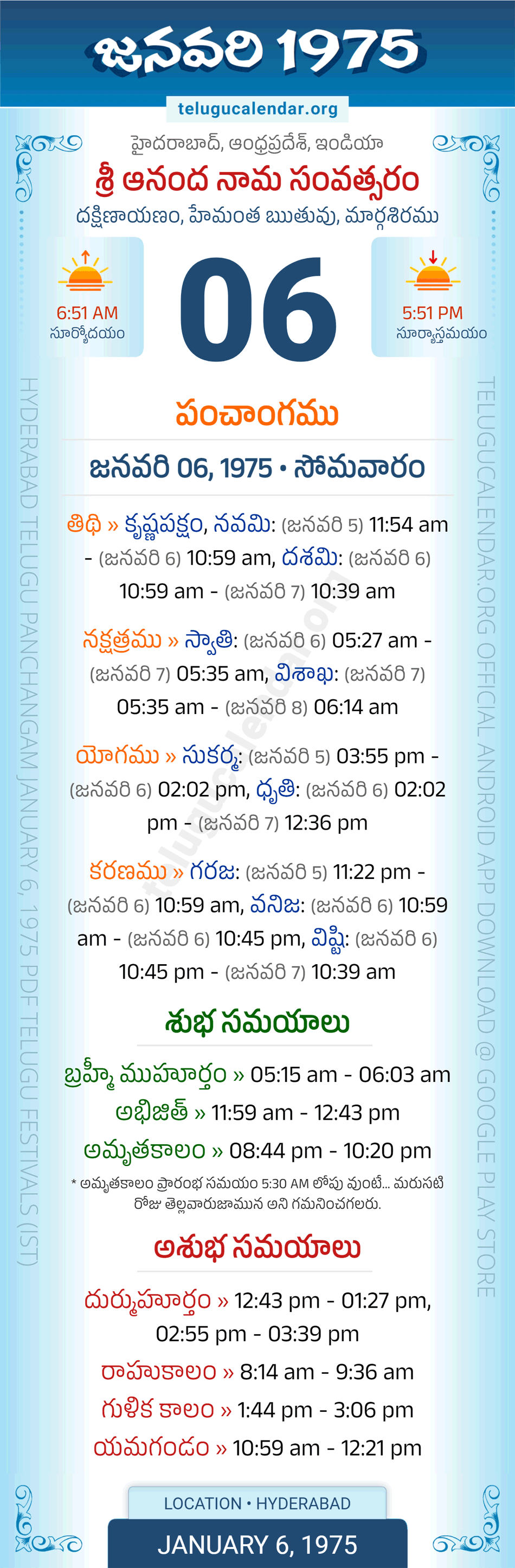 January 6, 1975 Telugu Calendar Panchangam Daily